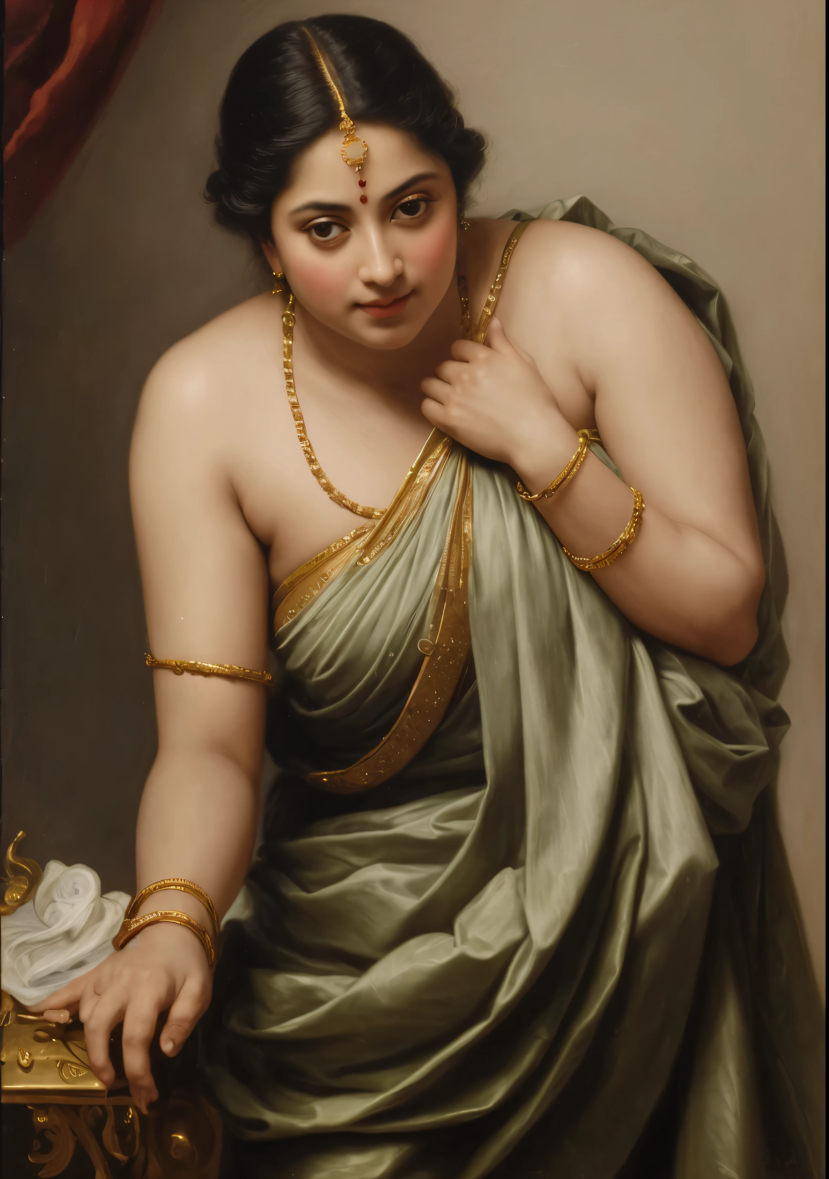 Beautiful Indian Woman, wearing saree, sari Beauty, gorgeous, Apsara, Maharani, royal queen woman, nymph from Hindu Mythology, Urvashi, matchless beauty, Highly detailed, Oil Painting by Peter Paul Rubens inspired by Raja Ravi Varma, Matchless beauty, captivating, gorgeous, heavenly beauty, celestial beauty, by Peter Paul Rubens, 13, realistic, hyper realistic, micro details, incredible artwork, insane details, ultra High resolution, 8k, 32k, acrylic on canvas, intricate, flawless, detailed, detailed face, detailed eyes, masterpiece, by Peter Paul Rubens, by Caravaggio, by William Adolphe bouguereau, perfect face, perfect body, beautiful art, realism, baroque, renaissance Art, highly textured, beautiful and detailed eyes, uhd, best quality,
