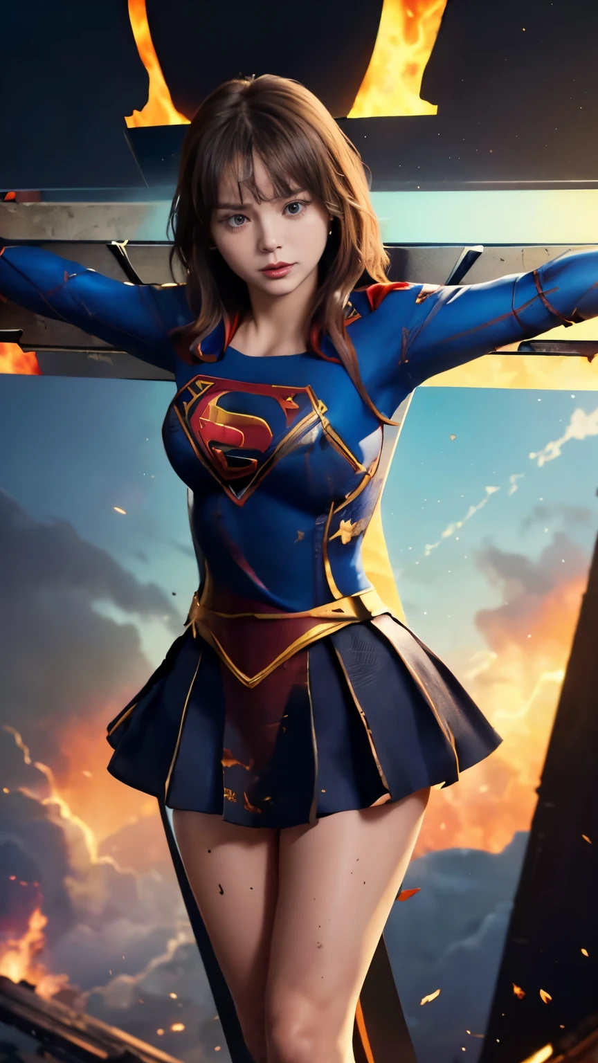 highest quality，masterpiece，UHD, Super detailed, 8K，(Beautiful woman)，(一人のBeautiful woman)，((crucifixion:1.5))，(((cross)))，(execution)，((incontinence))，scared，torture，slave，((crossにcrucifixionにされた女性：1.5)),crucifixion刑，((supergirl:1.5))，blue suit，Superman logo on chest，red skirt，red boots，((torn costume：1.5))，((Tearing of clothes：1.5))，(tattered clothes：1.5)，Beaten face，顔にtraces of being beaten，((bruises on body))，scars on body，injured face and body，(Bruise, dirty, torn clothes, revealing clothes, Blood:1.3)，traces of being beaten，Defeated heroine，a devastated world，ruins，abandoned building，(burning at the stake)，((roasted over fire：1.2))，inflammation，(inflammationに包まれている)，足下にinflammation，NSFW