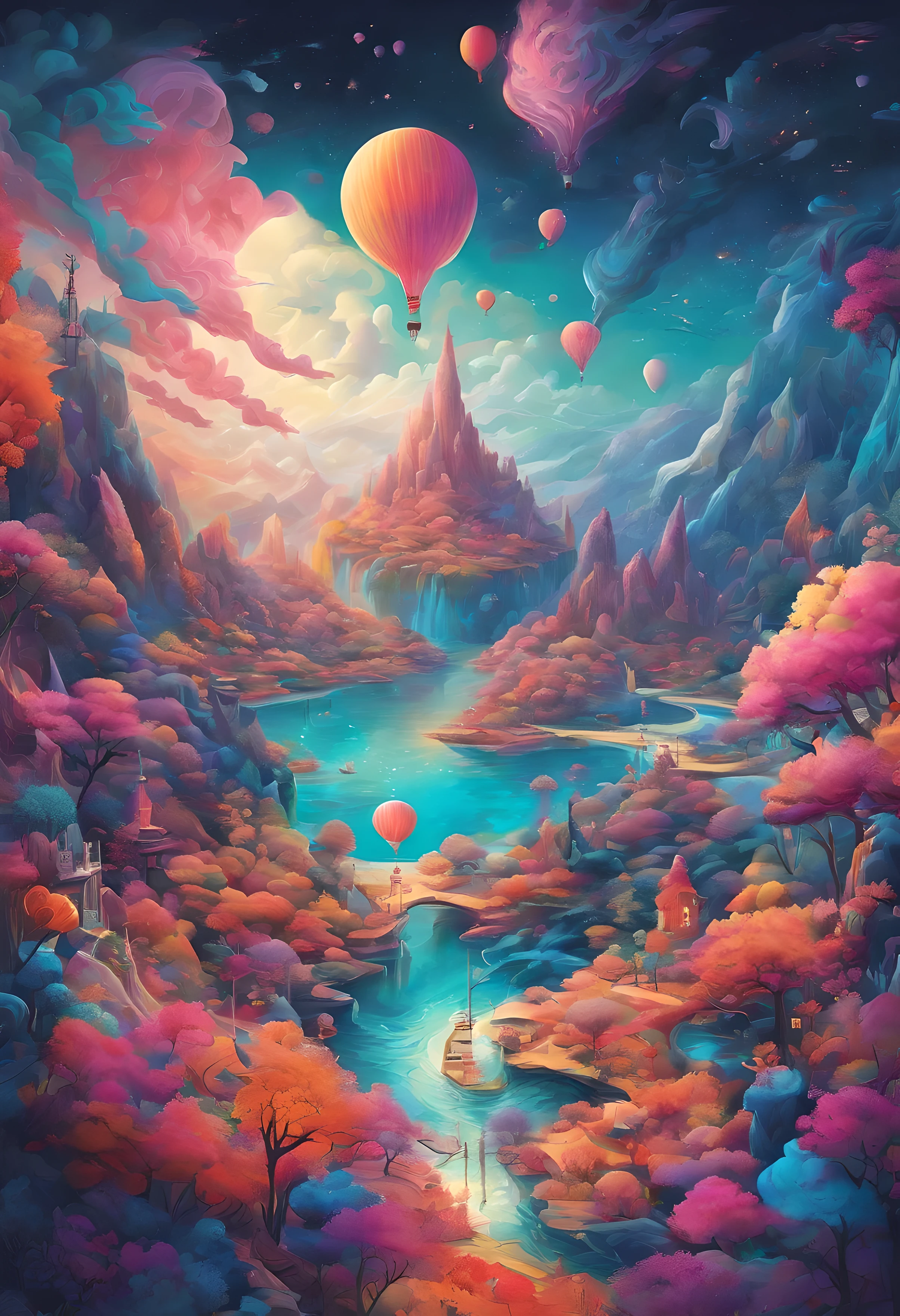 (a surreal dream painting),(best quality,4k,8k,highres,masterpiece:1.2),psychedelic colors,vibrant shades,artistic brushstrokes,dreamlike atmosphere,melting forms,abstract figures,surreal landscapes,ethereal lighting,fantastical creatures,mystical elements,whimsical imaginations,transcendent journey,magical symbolism,fluid shapes,fantasy realm,serene tranquility,subconscious exploration,evocative textures,surrealistic dreamscape.