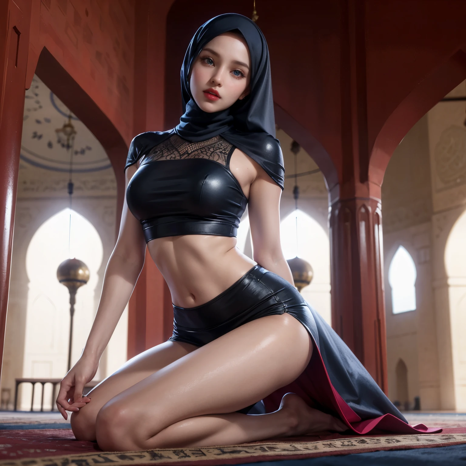 sexy, inside mosque, sexy dress, long hijab, colorful, perfect body and face, (((makeup)))