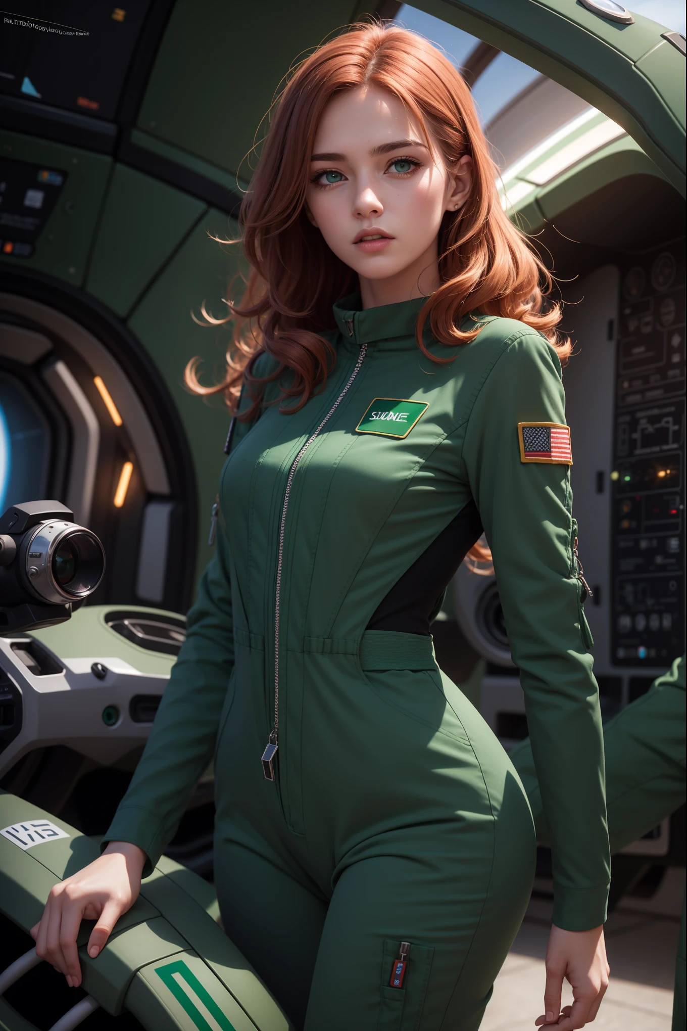 ((photorealism, high quality, detail)), (the whole body:1.10), ((it costs half a turn:1.10)) science fiction, Futuristic setting, Military, (girl-pilot of the space fleet), (girl-pilot of a spaceship), ((slender girl 25 years old, thin figure:1.7, small breasts)), attractive appearance, looks at us with seductive eyes, (sly face), very beautiful, ((redheads)) thick curly hair (shoulder length:1.5), blue eyes, ((dark green)) uniform, (((dark green space pilot jumpsuit))),
(medals:1.10), volumetric lighting, Sargent ISO1600 uniform, unreal engin 5, octane rendering, (2D: 1.2), digital painting, artstation, concept art, smooth, clear focus,