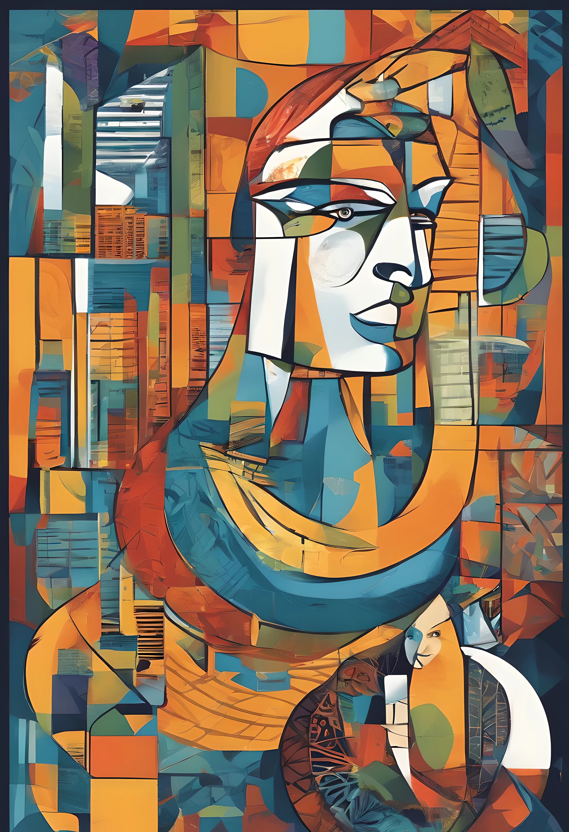 Picasso art style, cidade em chamas, paleta de cores realista