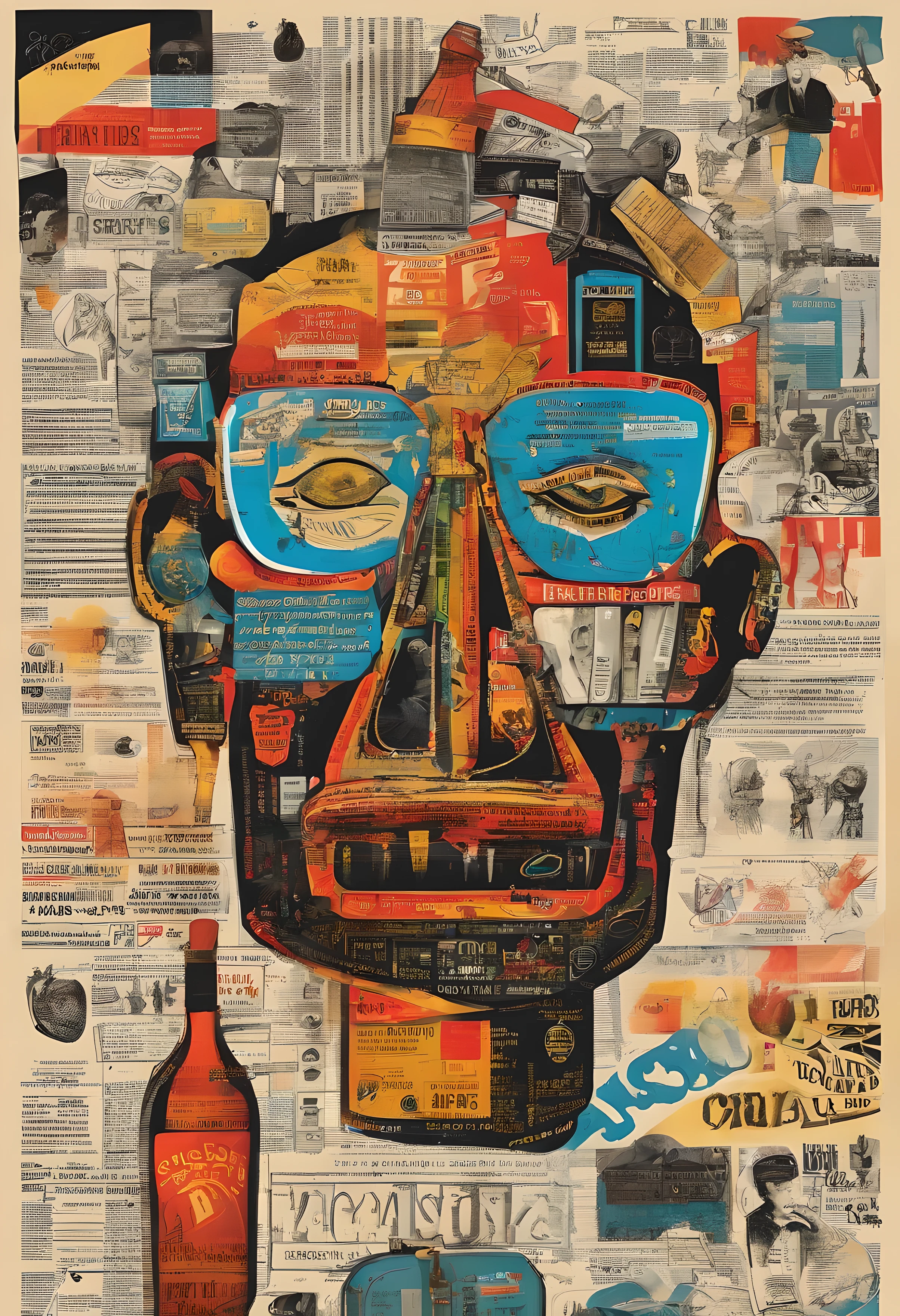 Basquiat art style, esqueleto com cigarro na boca, paleta de cores criativa