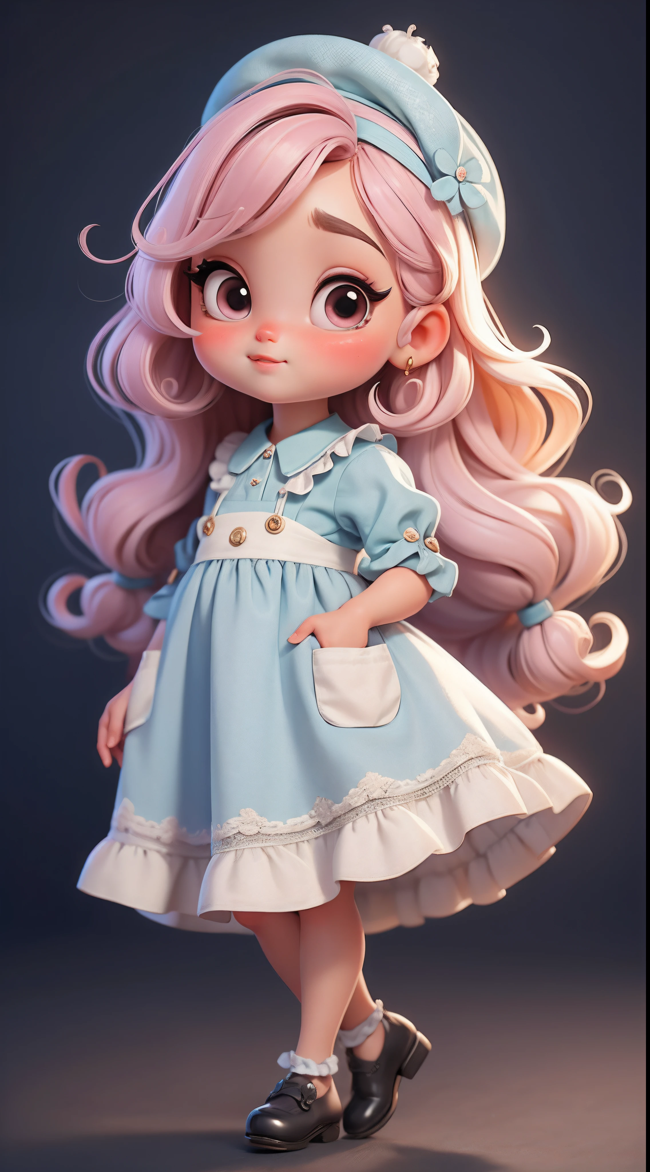 Theme on lovely farmers,Create a collection of adorable baby style chibi dolls, Each features tons of detail and 8K resolution. All dolls should follow the same solid color background pattern and be complete within the image, show (whole body, including legs: 1.5)
farmer doll: Call her Mia. She must have curly hair. Your eyes should be big and curious, Long eyelashes and slightly pink cheeks. Mia should wear a sophisticated dress and polka dot shirt,Wearing an exquisite and beautiful hat. She should hold it delicately、Thin accessories. Add details like pockets and ruffles to the apron,make it more charming, Beautiful shoes must be shaded, Hair texture and details, clothing, beautiful utensils, Make them more cute and charming.