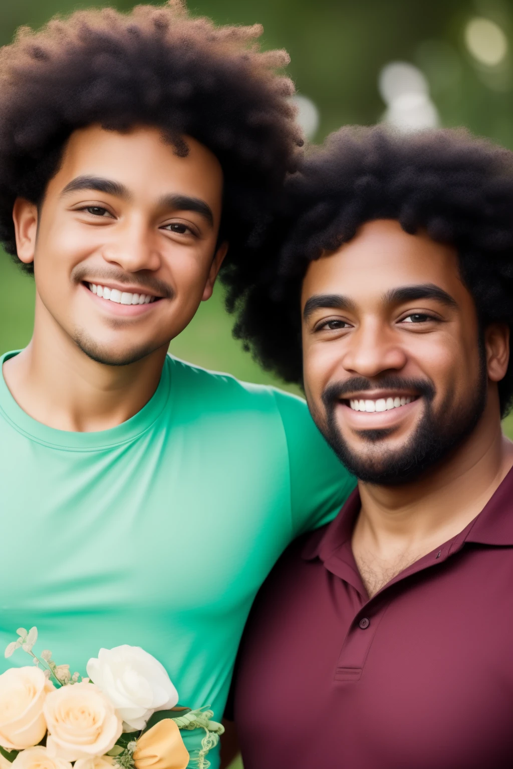 A 40-year-old dark-skinned man with long brown curly hair and brown eyes, beaming with joy as he stands next to his 15-year-old son. The smiles on their faces radiate warmth and love as they look at each other, the sunlight casting gentle shadows on their strong features. The man's hair, thick and curly, frames his face in a halo of natural curls, while his son's youthful features contrast against his father's more matured visage. The image, taken in high definition with a Canon EOS R, captures the tender moment in time, the vivid colors and textures bringing the scene to life in breathtaking