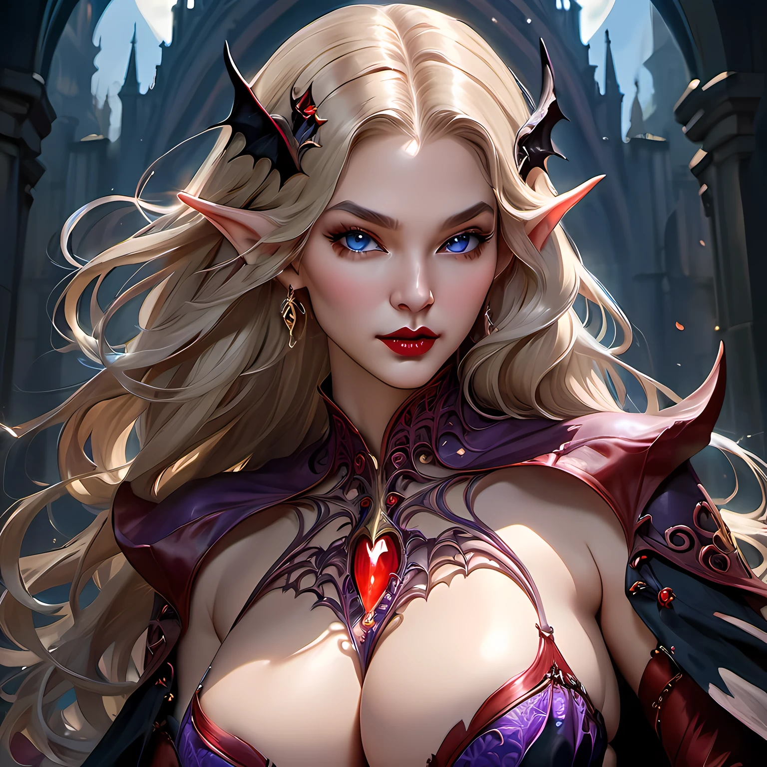 fantasy art, gothic art, (masterpiece:1.5), full body best details, highly detailed, best quality, Glowing Purple, highres, full body portrait of a vampire, elf (Masterpiece, best quality: 1.6), ultra feminine, wizard, (intricate details, Masterpiece, best quality: 1.5) with a long curvy hair, light color hair, blue eyes, (fantasy art, Masterpiece, best quality), ((beautiful delicate face)), Ultra Detailed Face (intricate details, fantasy art, Masterpiece, best quality: 1.5), [[vampiric fangs 1.5]] (red cloak: 1.3) , flowing cloak (intricate details, fantasy art, Masterpiece, best quality: 1.3), wearing an intricate black dress (intricate details, fantasy art, Masterpiece, best quality: 1.5), high heeled boots, urban background (intense details, beat details), fantasy, at night light, natural ,moon light, clouds, gothic atmosphere, soft light, dynamic light, [[anatomically correct]], high details, best quality, 8k, [ultra detailed], masterpiece, best quality, (extremely detailed), dynamic angle
