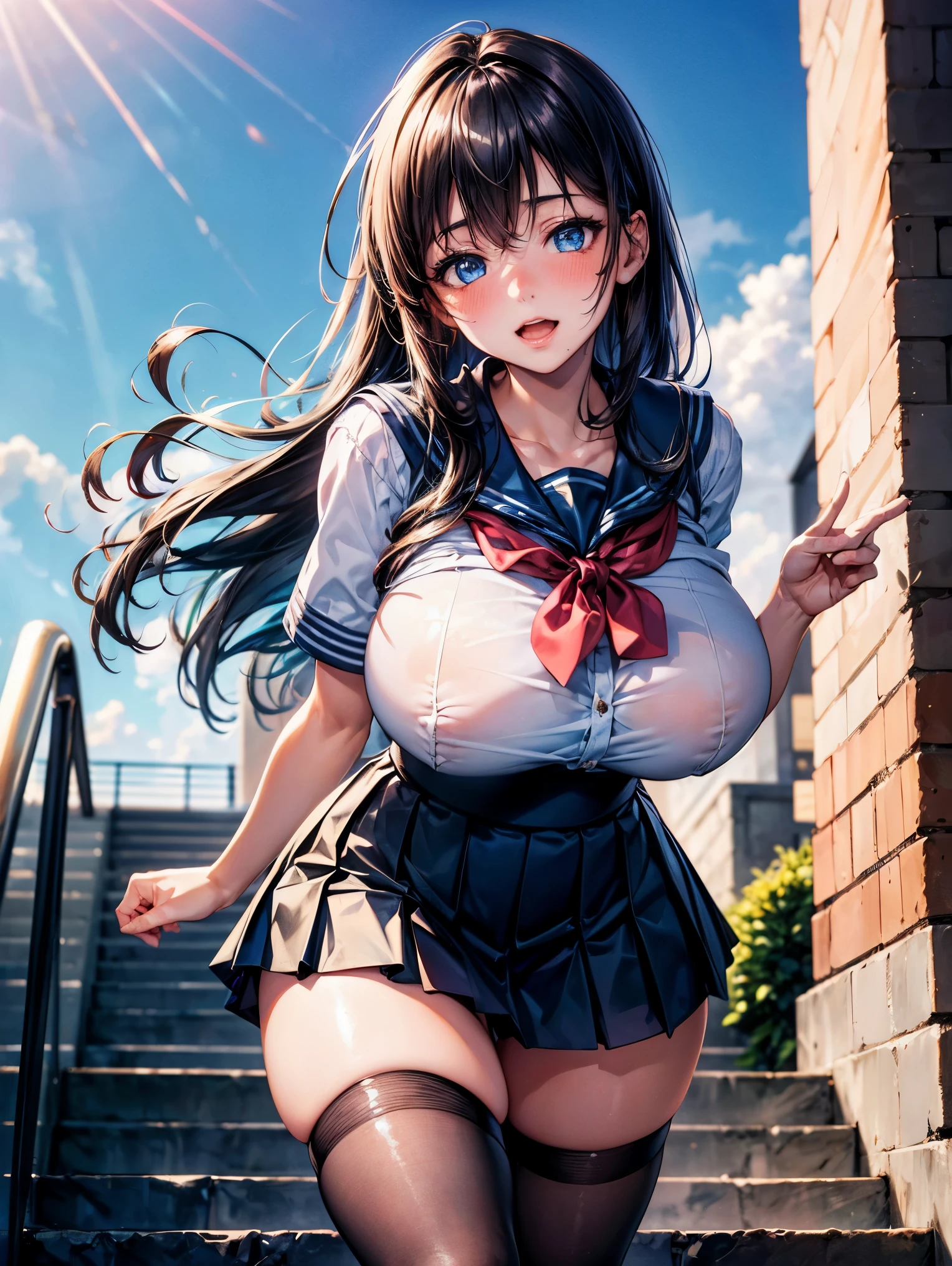 masterpiece, ultra-detailed, best quality, extremely detailed, 4k, 8k, ultra-high res, photo-realistic, 1girl, 17yo, beautiful girl, detailed face, face focus, clear-cut beauty, cute eyes, deep detailed eyes, (shiny light blue beautiful eyes with reflections), inviting smile, (narrowed eyes:1.3), open mouth, ((cute lips)), (blush:1.2), shiny-black hair, long straight floating-hair, serahuku, school sailor uniform, (pleated mini skirt), (huge breast), Break, (open sailor shirt), shoot from below, looking at viewer, skirt-lift both hands, up-skirt, skirt flipped, standing, beautiful legs, school stairs,