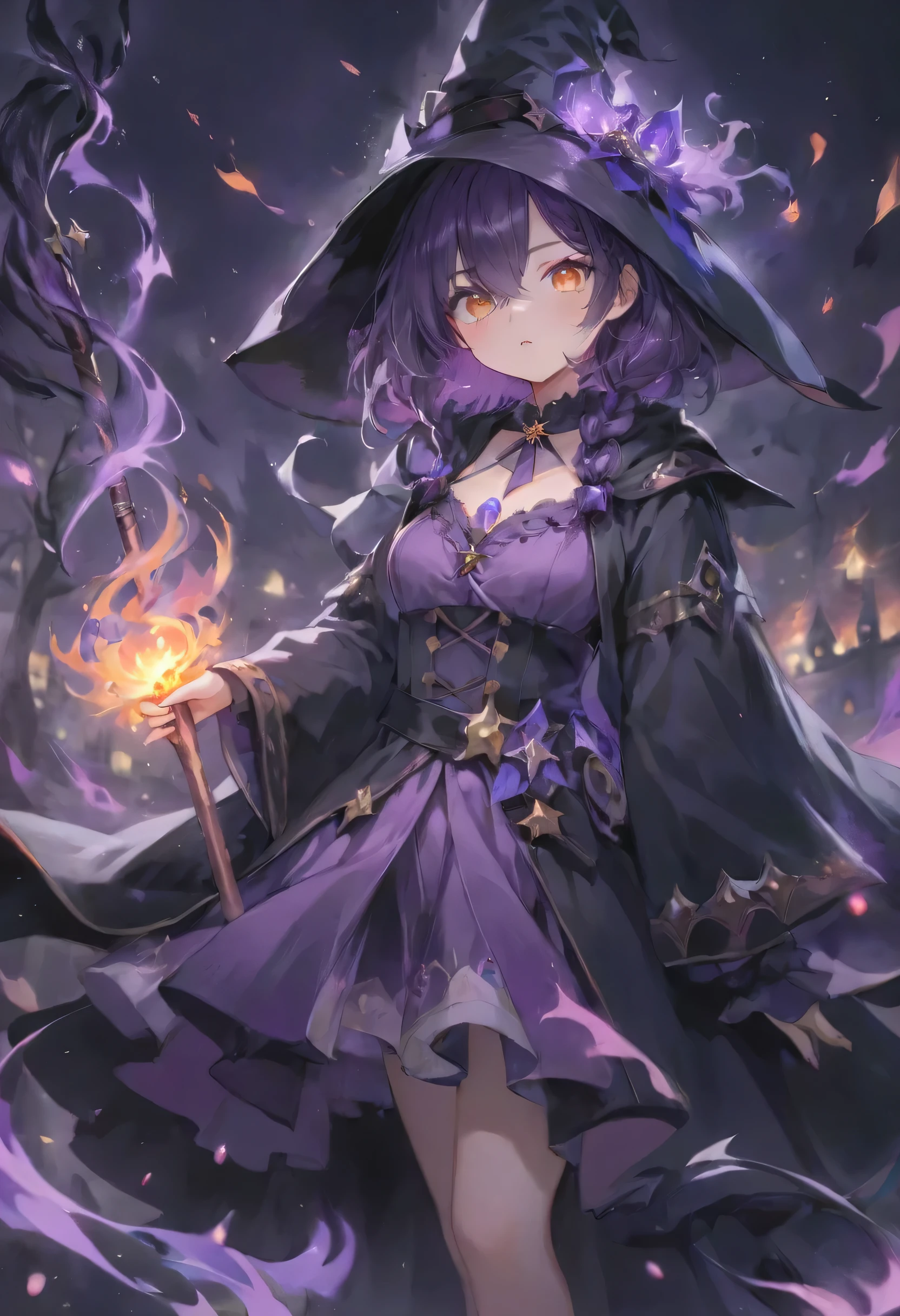 Anime Girl, Vibrant Colors, Master Piece, (Best Quality: 1.3), 8k Quality, (Extremely Detailed Illustration), (Super Fine Illustration), an Extremely Delicate and Beautiful, Ultra High Resolution, Fantasy, (super detailed), official art, production art, HDR,kawaii,cute cute face,1girl, 18 years old,witch,witch hat,black witch cloak,purple dress, Dark purple hair,side braid,short hair,(hair over one eye:1.5),(holding a purple fire staff:1.3),(blazing staff ), (purple flame effect:1.5),dual sword,
(Yellow eyes:1.1),small eyes,
Small breasts,
standing,perfect fingers,