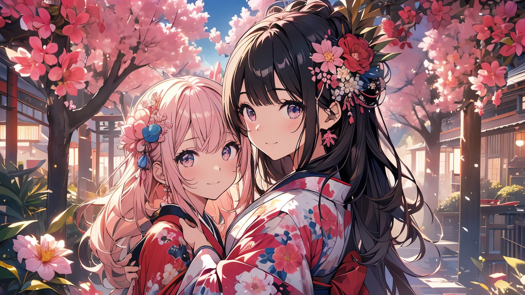 8k resolution, ((of the highest quality)), ((obra maestra)), ((super detailed)), (Muy delicado y hermoso), con a girl, solo, gentle expression, Ella es muy(relajarse)con(calma)apariencia, cabello rosado, Depth of written limits., sonrisa brillante, Young Expression, Bright peach eyes, beautiful cabello rosado, hermoso fondo, pelo largo, arte lineal, kimono rosa, Japan, Japan風, Eyes that shine like Flores de cerezo, Ojo superior, ojos maravillosos, Flores de cerezo, Flores de cerezo tree, Flores de cerezo flowers are dancing, parte superior del cuerpo