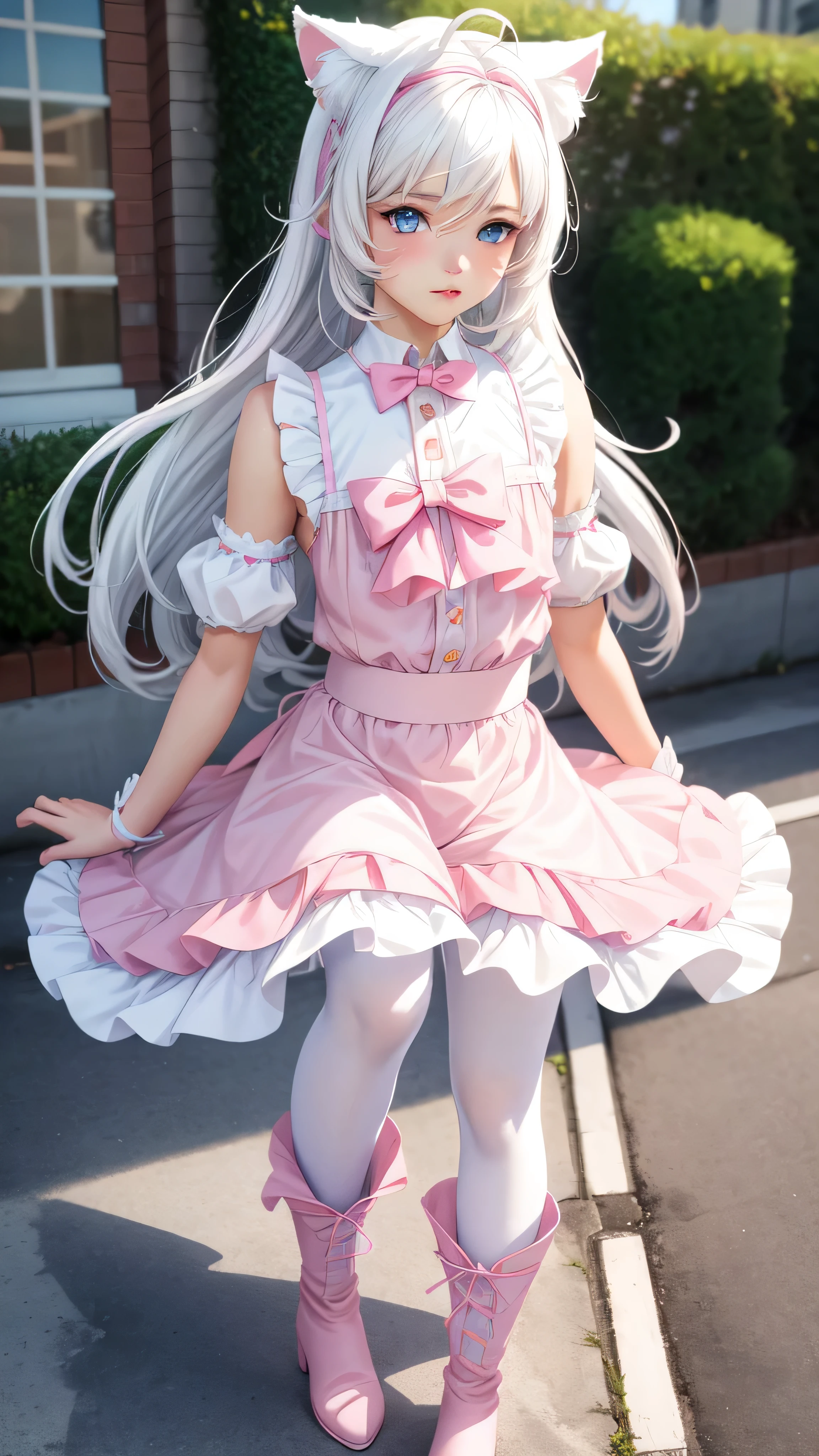 A cute femboy boy with realistic  appearance with white hair and cat ears on his head blue eyes white skin and delicate body with pink blouse pink skirt and white tights with cute pink boots 4k realistic 