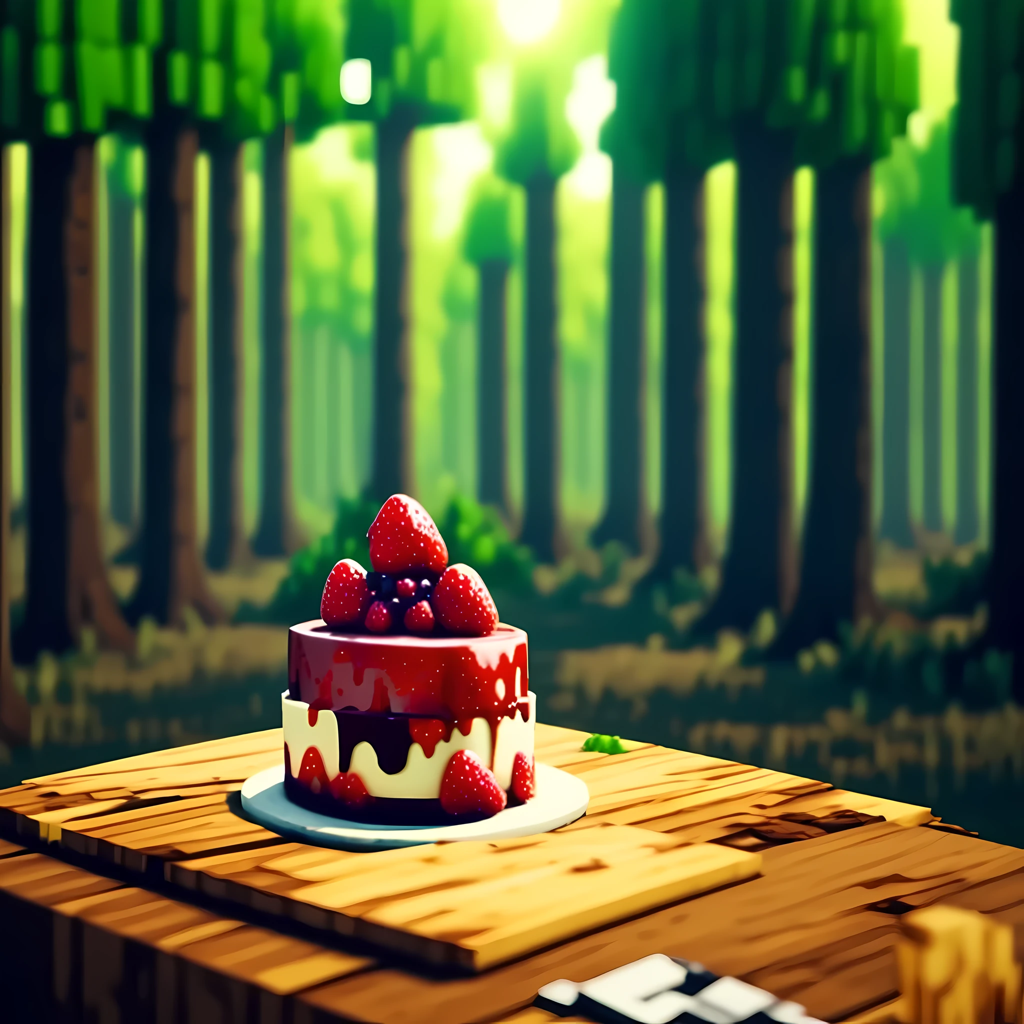 a strawberry cake on a wooden table in the forest lit by the sun in a cinematic way, estilo Minecraft, bolo quadrado