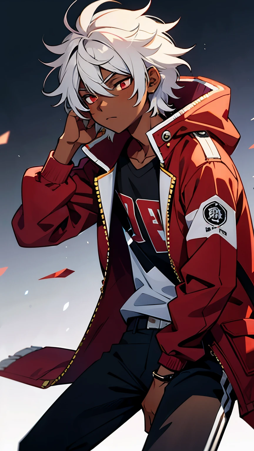 Boy, teen, dark skin, white hair hair, red eyes, messy hair, red jacket, black pants, sleepy face
