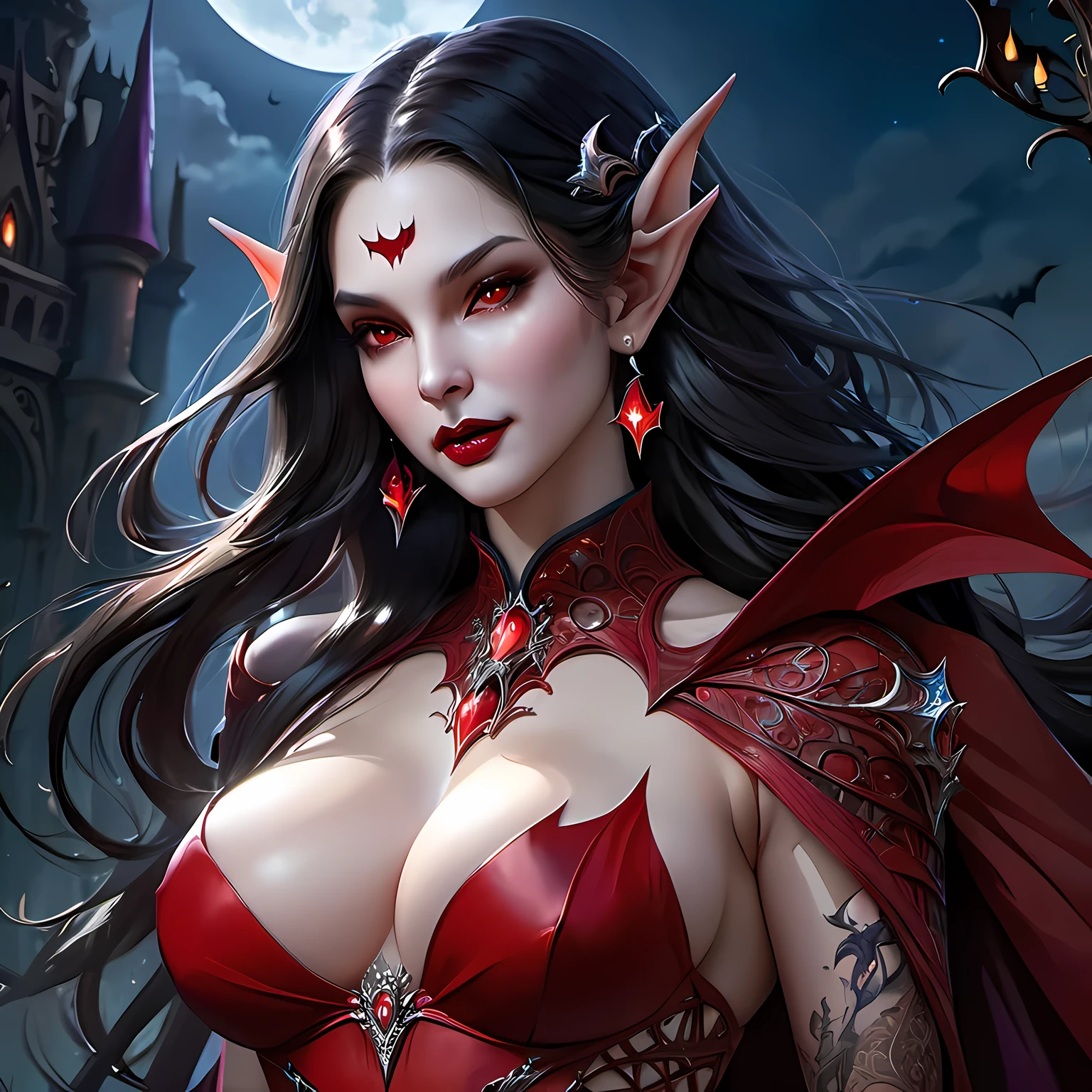 fantasy art, gothic art, (masterpiece:1.5), full body best details, highly detailed, best quality, Glowing Purple, highres, full body portrait of a vampire, elf (Masterpiece, best quality: 1.6), ultra feminine, wizard, (intricate details, Masterpiece, best quality: 1.5) with a long curvy hair,  black hair hair, (red: 1.2) eyes, (fantasy art, Masterpiece, best quality), ((beautiful delicate face)), Ultra Detailed Face (intricate details, fantasy art, Masterpiece, best quality: 1.5), [[vampiric fangs 1.5]] (red cloak: 1.3) , flowing cloak (intricate details, fantasy art, Masterpiece, best quality: 1.3), wearing an intricate (blue:1.3) dress (intricate details, fantasy art, Masterpiece, best quality: 1.5), high heeled boots, urban background (intense details, beat details), fantasy, at night light, natural ,moon light, clouds, gothic atmosphere, soft light, dynamic light, [[anatomically correct]], high details, best quality, 8k, [ultra detailed], masterpiece, best quality, (extremely detailed), dynamic angle