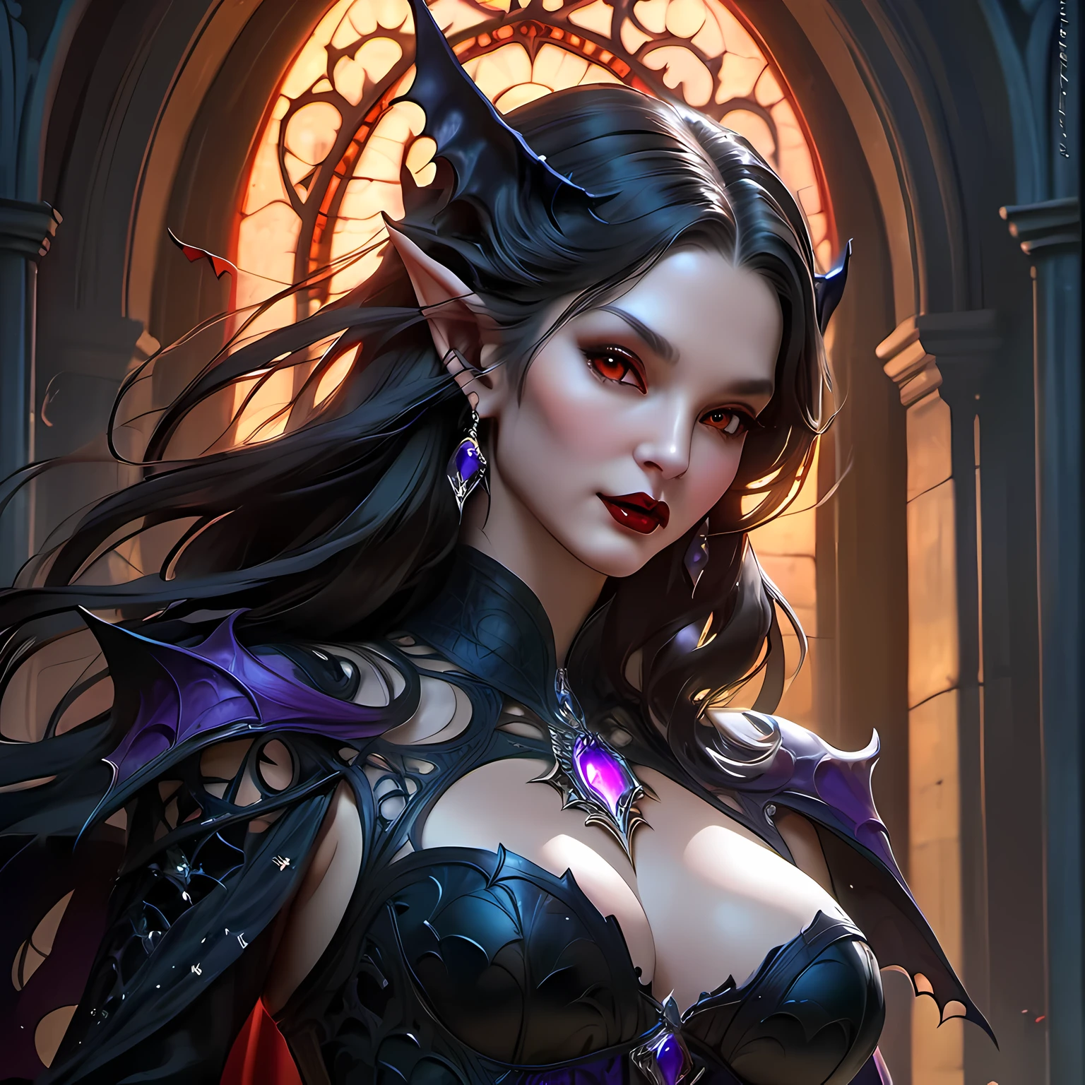 fantasy art, gothic art, (masterpiece:1.5), full body best details, highly detailed, best quality, Glowing Purple, highres, full body portrait of a vampire, elf (Masterpiece, best quality: 1.6), ultra feminine, wizard, (intricate details, Masterpiece, best quality: 1.5) with a long curvy hair,  black hair hair, (red: 1.2) eyes, (fantasy art, Masterpiece, best quality), ((beautiful delicate face)), Ultra Detailed Face (intricate details, fantasy art, Masterpiece, best quality: 1.5), [[vampiric fangs 1.5]] (red cloak: 1.3) , flowing cloak (intricate details, fantasy art, Masterpiece, best quality: 1.3), wearing an intricate (blue:1.3) dress (intricate details, fantasy art, Masterpiece, best quality: 1.5), high heeled boots, urban background (intense details, beat details), fantasy, at night light, natural ,moon light, clouds, gothic atmosphere, soft light, dynamic light, [[anatomically correct]], high details, best quality, 8k, [ultra detailed], masterpiece, best quality, (extremely detailed), dynamic angle