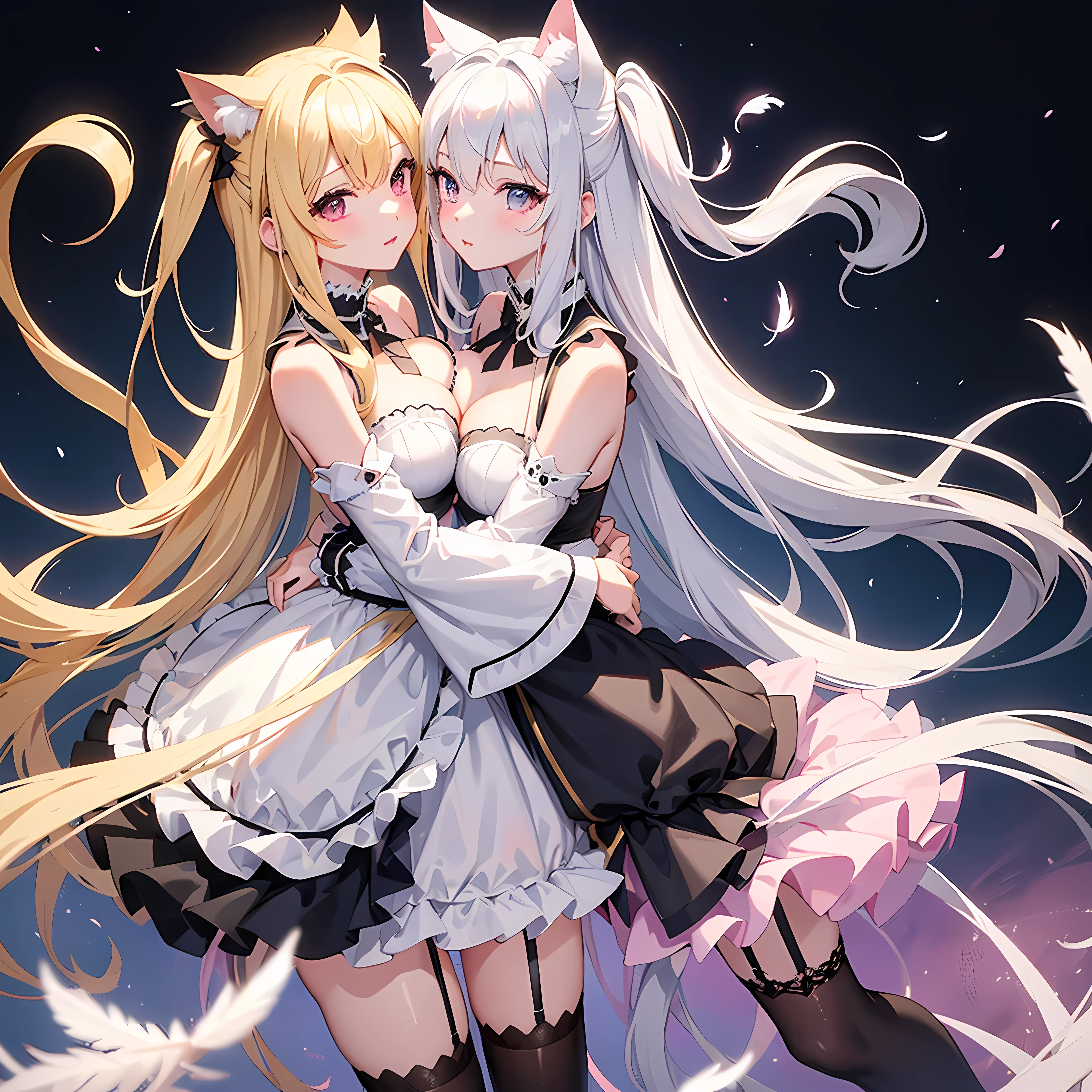 highest quality, big breasts,Semi-long blonde and silver hair,I can see the cleavage,pink heart eyes,super mini skirt,white feathers grow,Cat ear,cat tail,black knee highs,garter belt,black and white sleeveless maid uniform,twins、hug each other