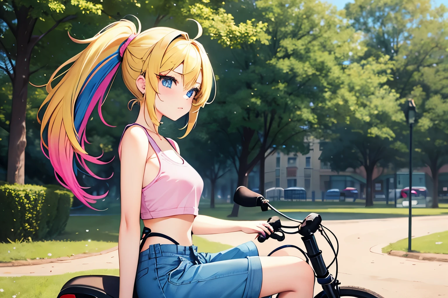 1girl, multicolored hair, blue hair, blonde hair, blonde and blue hair, short ponytail, blue eyes, mature, cute, , riding bike, in park, pink crop top, overalls