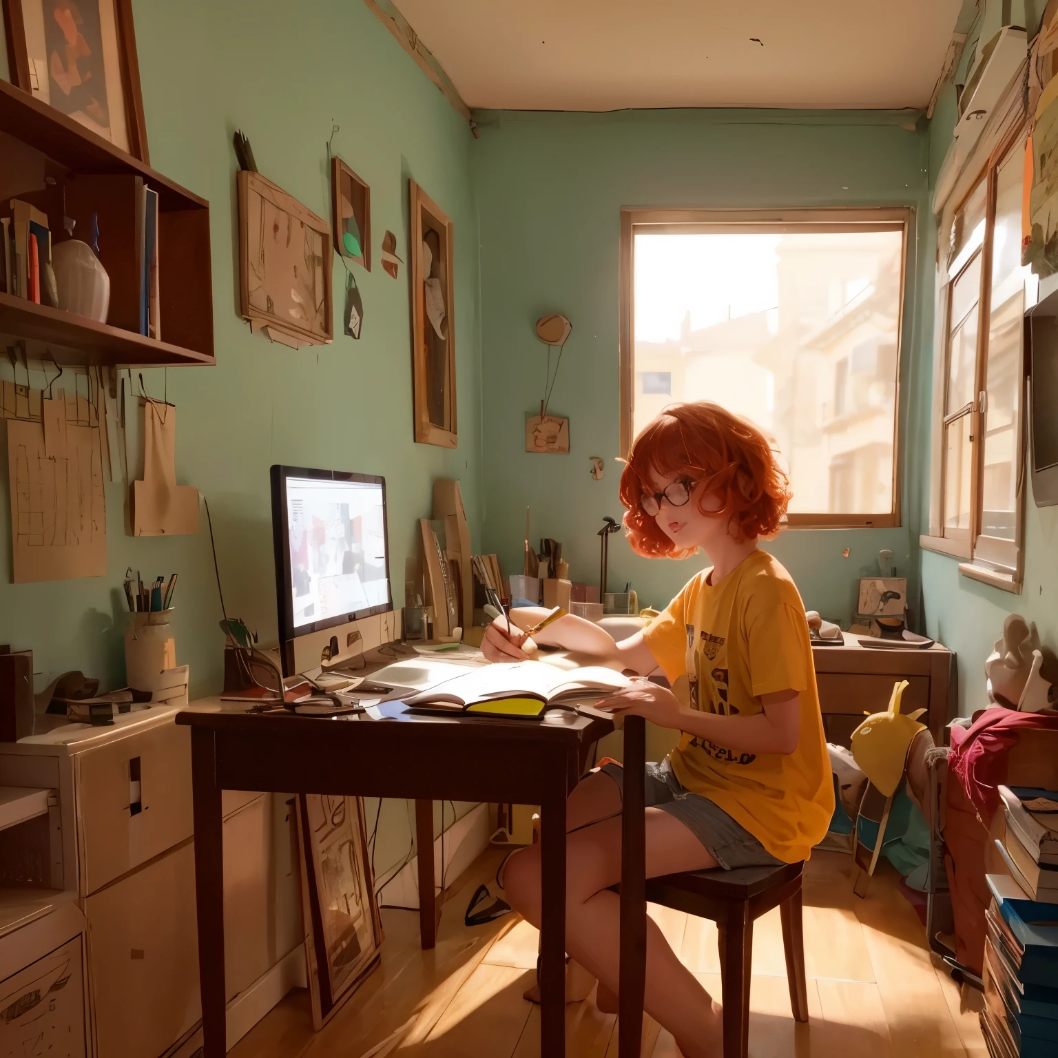 Chica pelirroja de corte bob usando lentes,studying at a small table on the floor of his room, frente de ella una computadora.