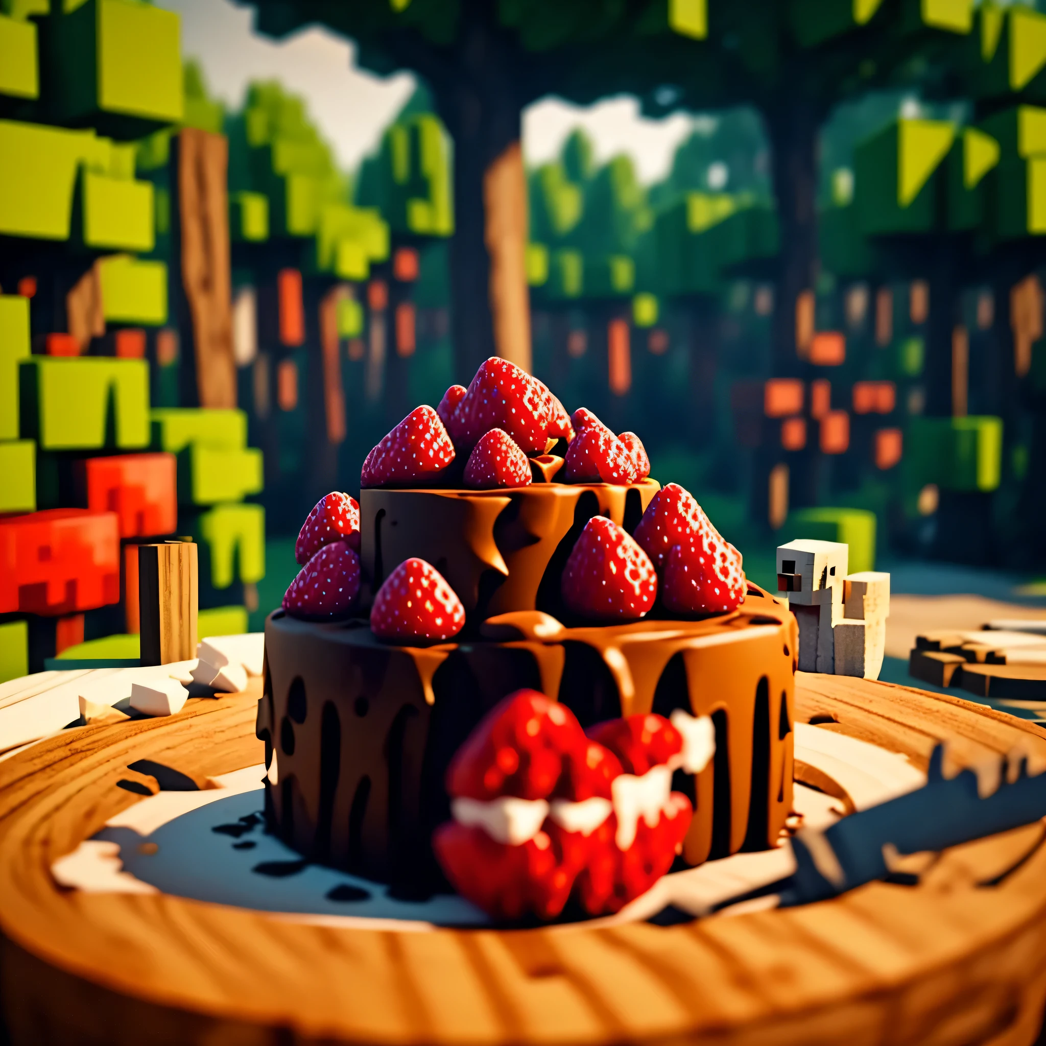 a strawberry cake on a wooden table in the forest lit by the sun in a cinematic way, estilo Minecraft, bolo quadrado