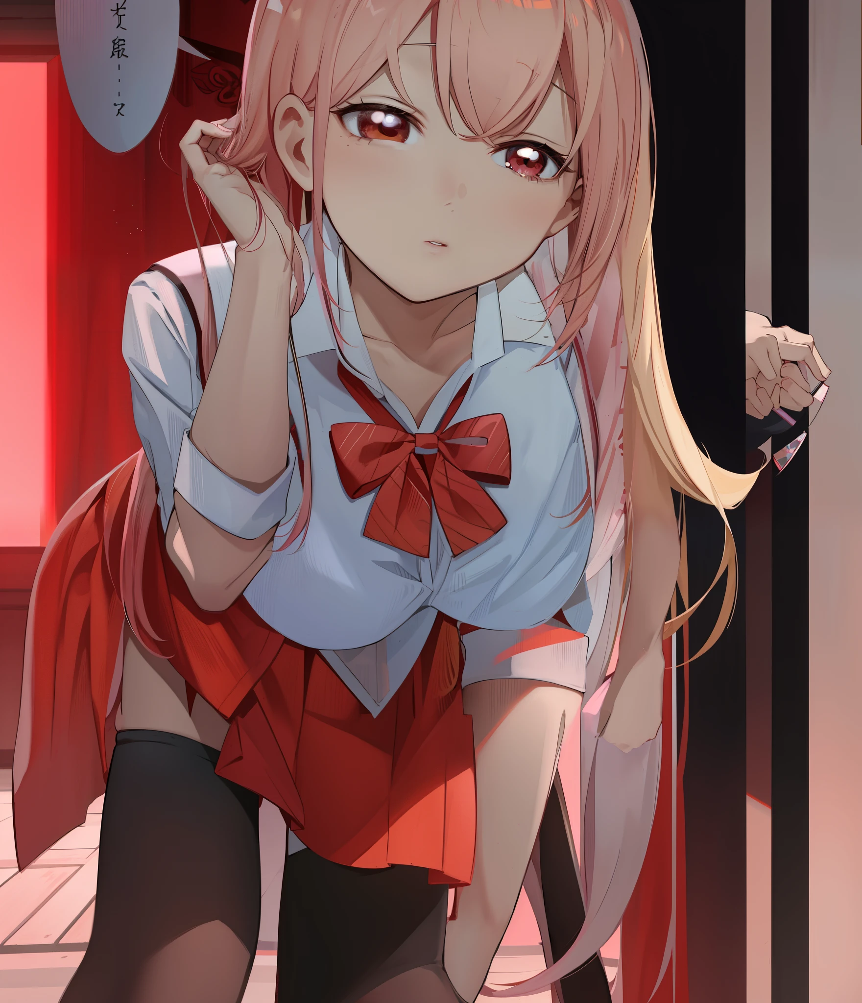 Chica anime con pelo largo y pajarita posando para una foto., sakura haruno, anime visual de una linda chica, Gapmoe Yandere, yandere, sakura haruno, the anime girl is crouching, en pixiv, guweiz, ( ( ( yoshinari yoh ) ) ), mejor valorados en pixiv, chica anime seductora, pixiv