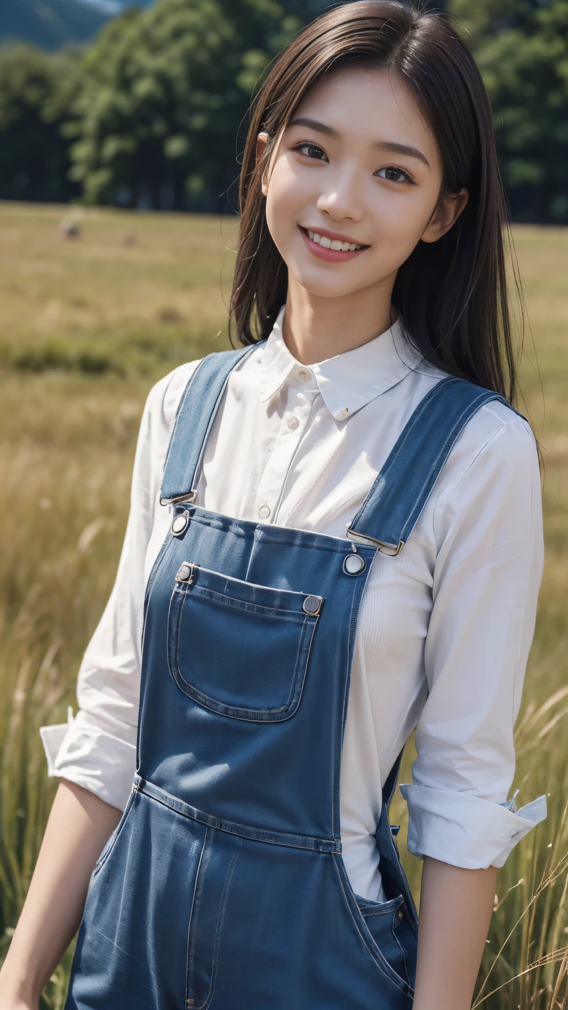 (Ultra high definition）（masterpiece）（textured skin）（very detailed）（high quality）（最high quality）（first person perspective） (16k )(dramatic angle),upper body,smile,officeladyclothe,A model-like woman wearing overalls,I&#39;m in the grassland