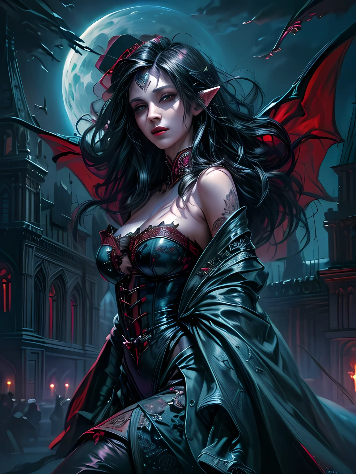 fantasy art, gothic art, (masterpiece:1.5), full body best details, highly detailed, best quality, Glowing Purple, highres, full body portrait of a vampire, elf (Masterpiece, best quality: 1.6), ultra feminine, wizard, (intricate details, Masterpiece, best quality: 1.5) with a long curvy hair,  black hair hair, (red: 1.2) eyes, (fantasy art, Masterpiece, best quality), ((beautiful delicate face)), Ultra Detailed Face (intricate details, fantasy art, Masterpiece, best quality: 1.5), [[vampiric fangs 1.5]] (red cloak: 1.3) , flowing cloak (intricate details, fantasy art, Masterpiece, best quality: 1.3), wearing an intricate (blue:1.3) dress (intricate details, fantasy art, Masterpiece, best quality: 1.5), high heeled boots, urban background (intense details, beat details), fantasy, at night light, natural ,moon light, clouds, gothic atmosphere, soft light, dynamic light, [[anatomically correct]], high details, best quality, 8k, [ultra detailed], masterpiece, best quality, (extremely detailed), dynamic angle