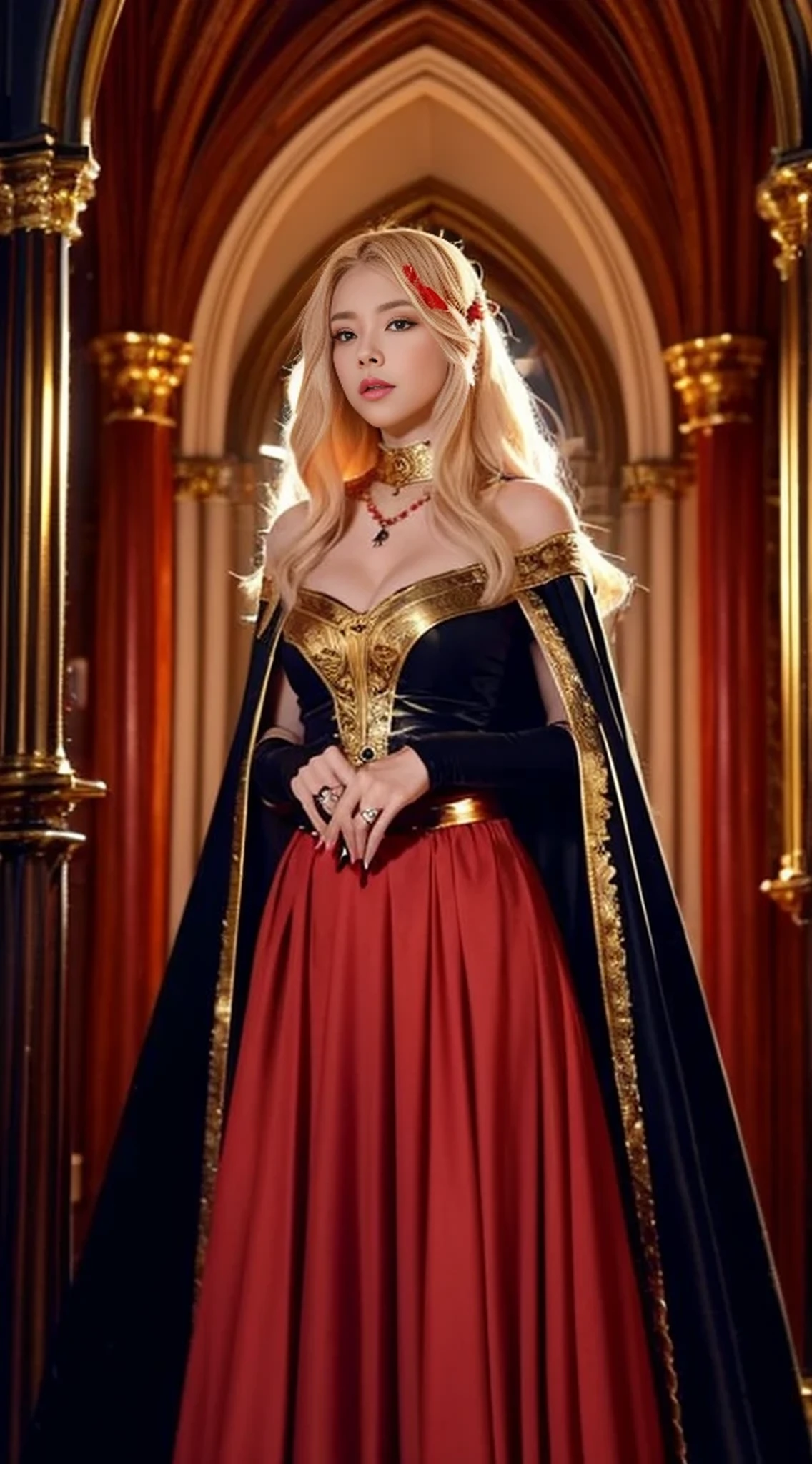 dark soul, dim light, old church, mature female, slim, tall, long blonde curly hair, long black cape, red leotardy long skirt, long skirt with diamond, gold bracelet, 8k, Official style, European aristocracy,