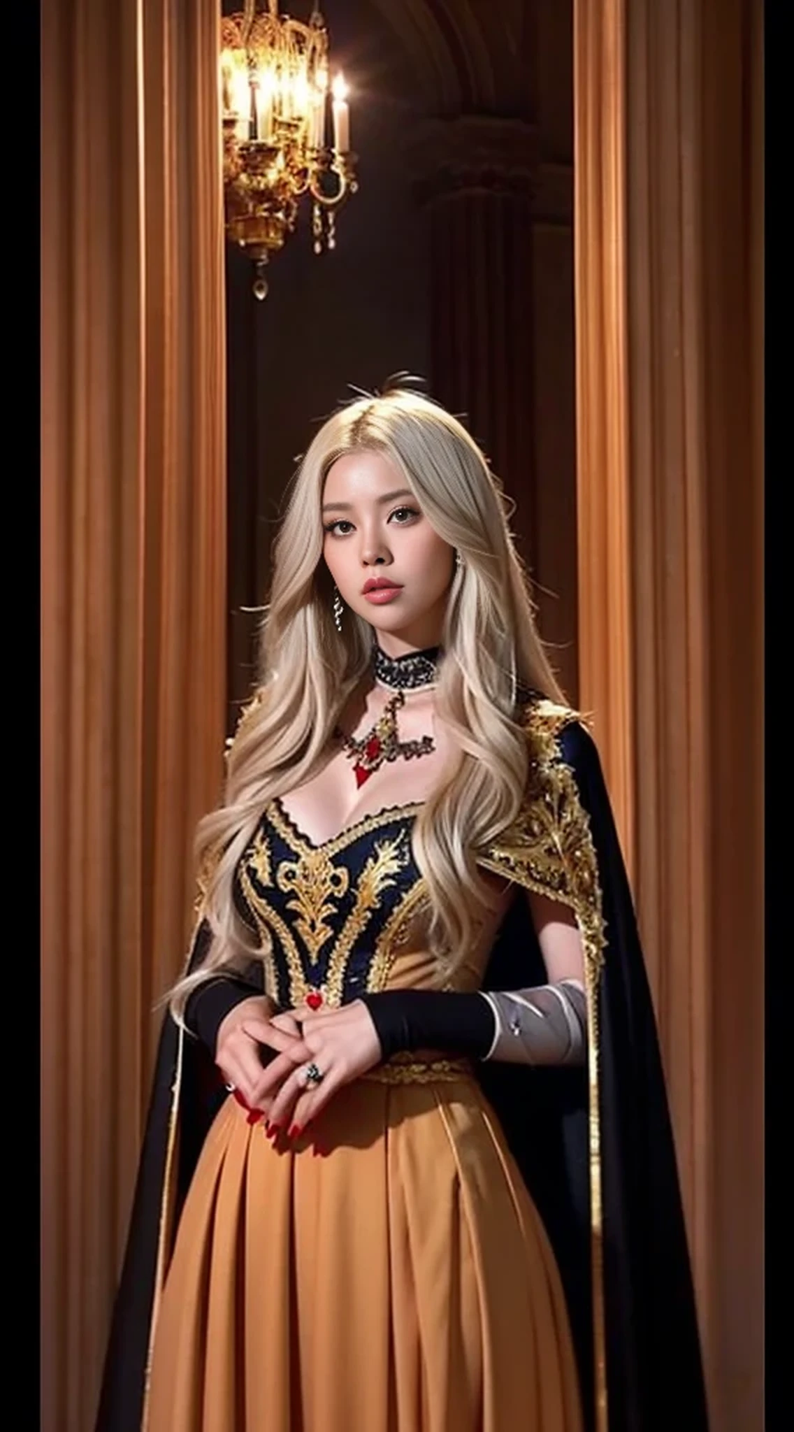 dark soul, dim light, old church, mature female, slim, tall, long blonde curly hair, long black cape, red leotardy long skirt, long skirt with diamond, gold bracelet, 8k, Official style, European aristocracy,