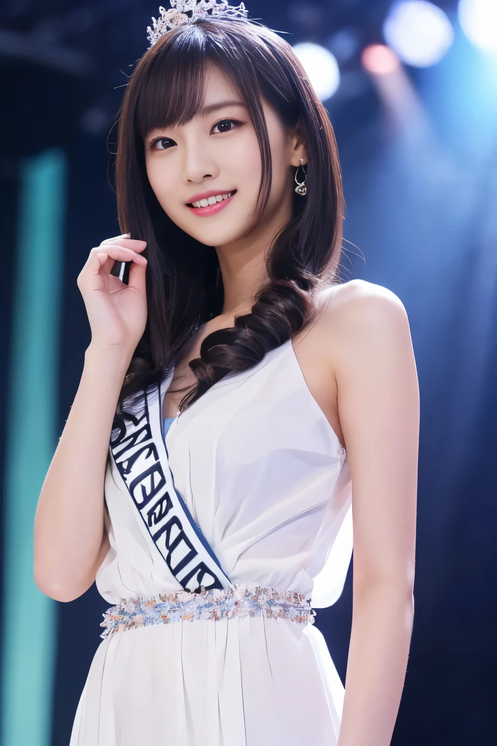 Portrait photo of a beautiful Japanese female college student,
(Raw photo 1.2), (graphic 1.4), (Masterpiece 1.3), (Highest quality 1.4),
(beautiful detailed girl, very detailed eyes and face, beautifully detailed nose, beautiful and detailed eyes),
(detailed facial features), (Detailed features of the wear),
perfect for your skin, (shiny skin), (slender girl), 1 girl, ((detailed body)), (beautiful body),
(Wearing pale white spring clothes:1.3), (miss japan),
(I am participating in a beauty pageant:1.3), (beauty contest venue:1.2), (Spotlight), cinematic lighting,
perfect anatomy, slender body, smile,
Camera-wide perspective, I'looking forward to it, (whole body 1.3)