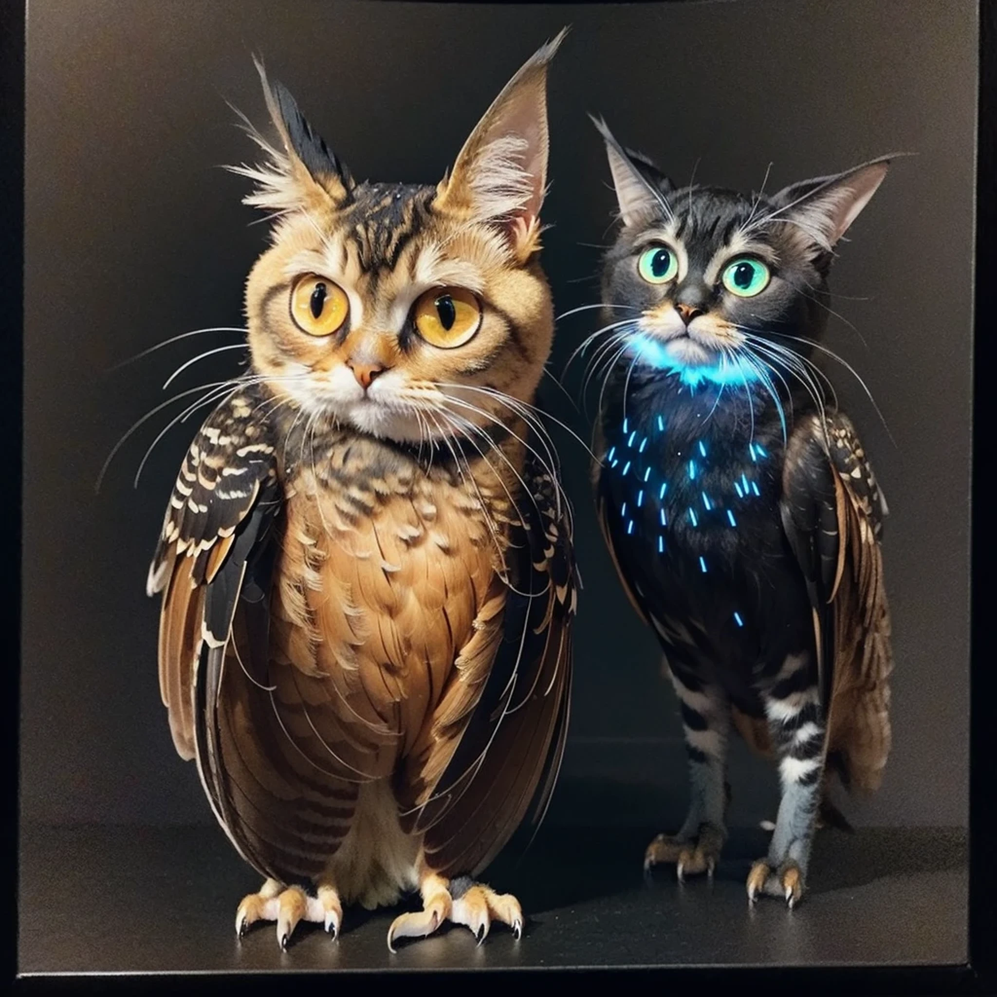 a painting of a colorful owl on a black background,, breathtaking rendering, within a radiant connection, inspired by Kinuko Y. Craft,, magical elements, kitten icon, wow, is beautiful, casting a multi colorful spell, bright flash, flash  