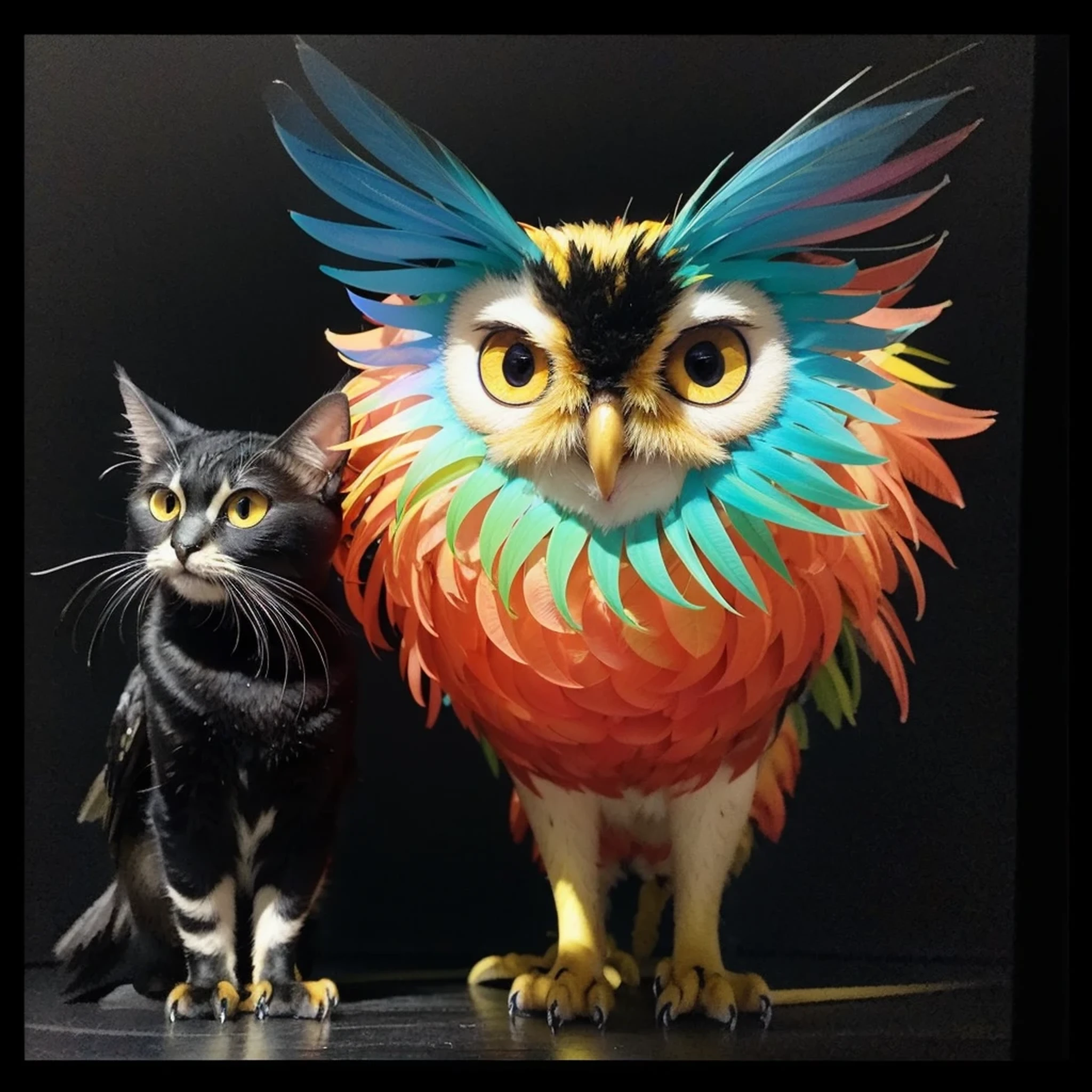 a painting of a colorful owl on a black background,, breathtaking rendering, within a radiant connection, inspired by Kinuko Y. Craft,, magical elements, kitten icon, wow, is beautiful, casting a multi colorful spell, bright flash, flash