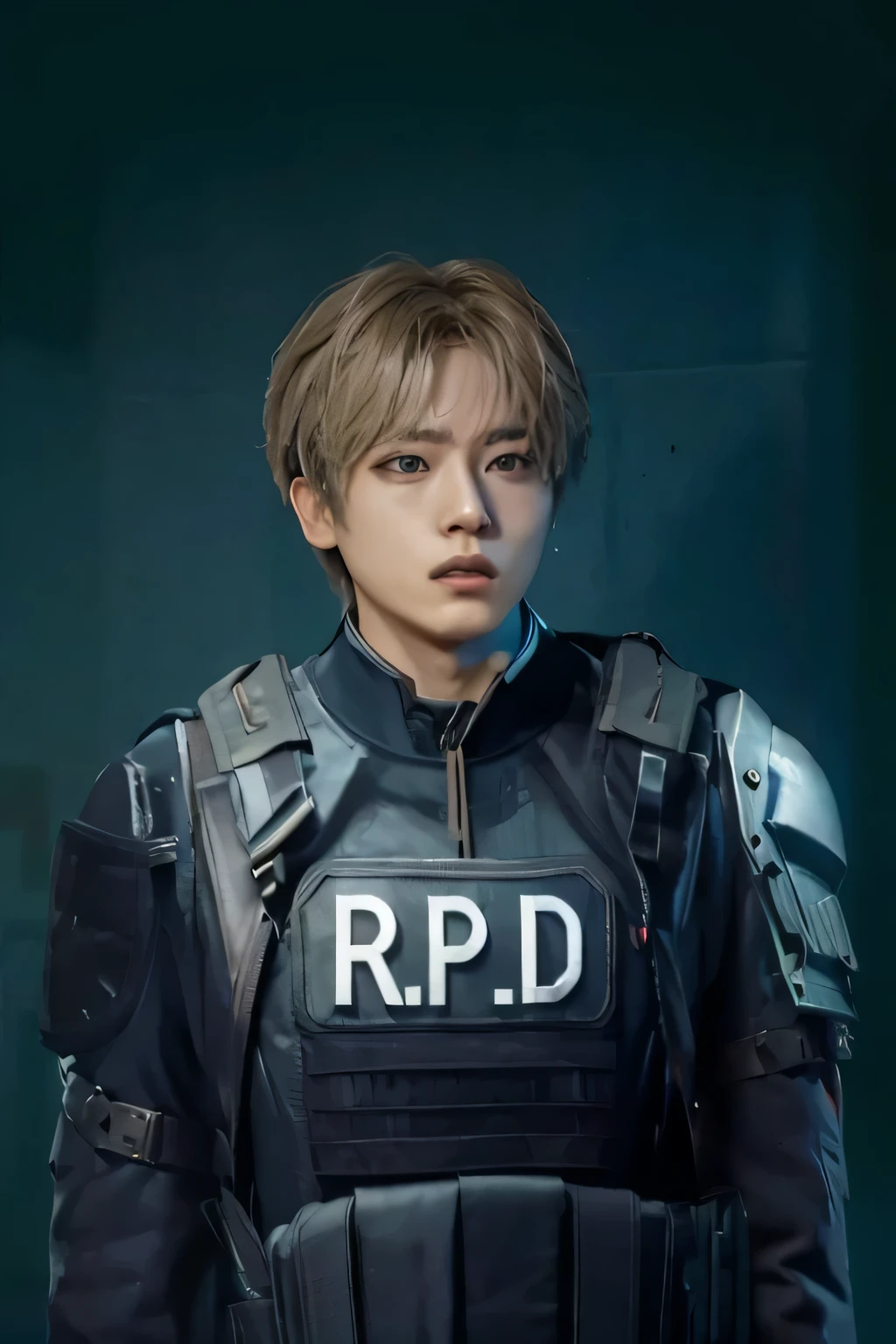 un primer plano de una persona uniformada con una pistola, kda, inspirado en Jang Seung-eop, park Jimin, cop, jungkook, con hombreras, fanart oficial, Renderizado HDRP, Jimin, yanjun chengt, fondo solido, inspirado en jeonseok lee, punk sobrenatural, obra maestra, Cai Xu Kun