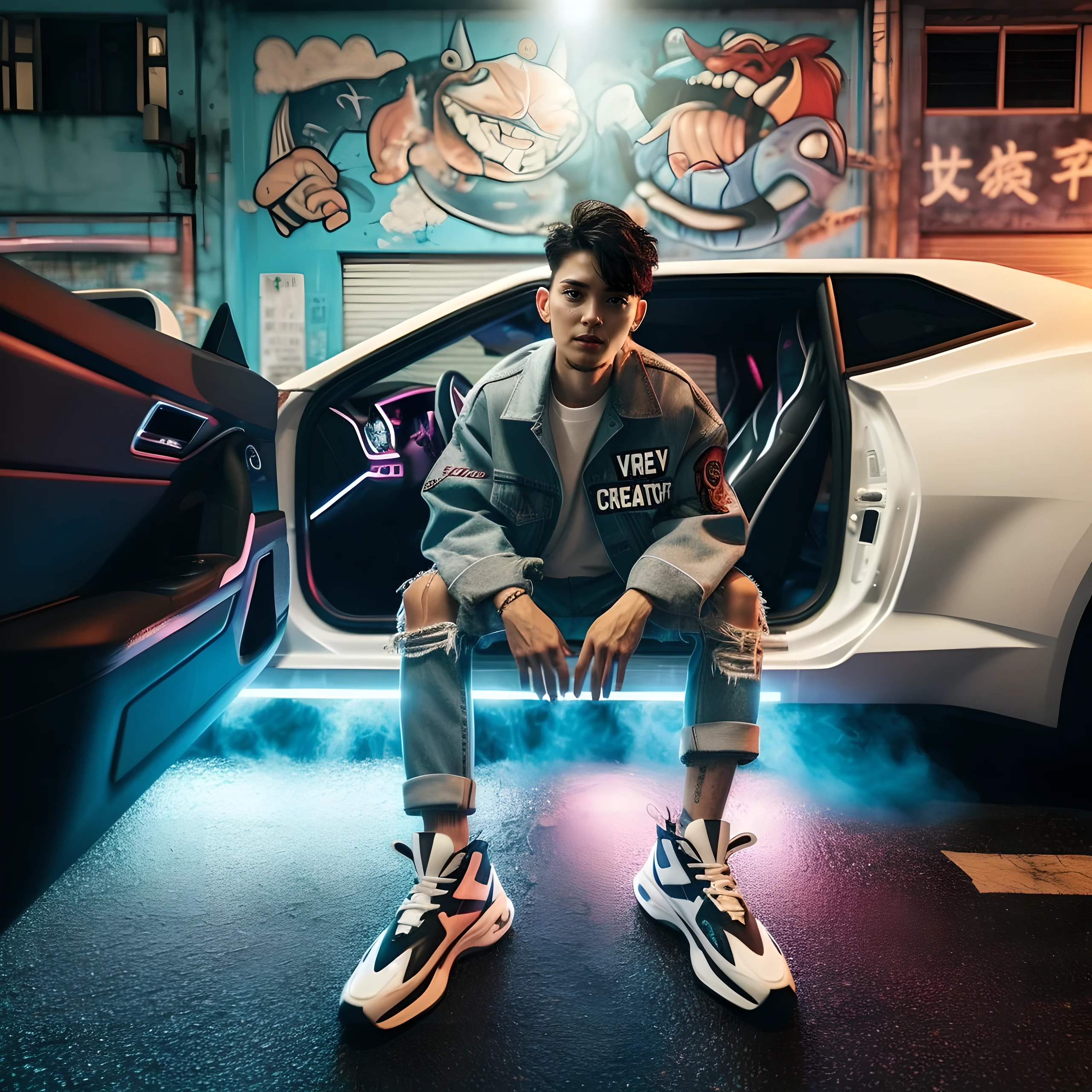 arafed man sitting in a car with graffiti on the wall, cyberpunk streetwear, inspired by Jeremy Chong, key anime visuals, ross tran and bayard wu, inspired by Victor Wang, hero pose colorful city lighting, very cinematic, inspired by Rudy Siswanto, hyper-realistic cyberpunk style, hyperrealism artstyle, v ray, cg artist, moody volumetric lighting