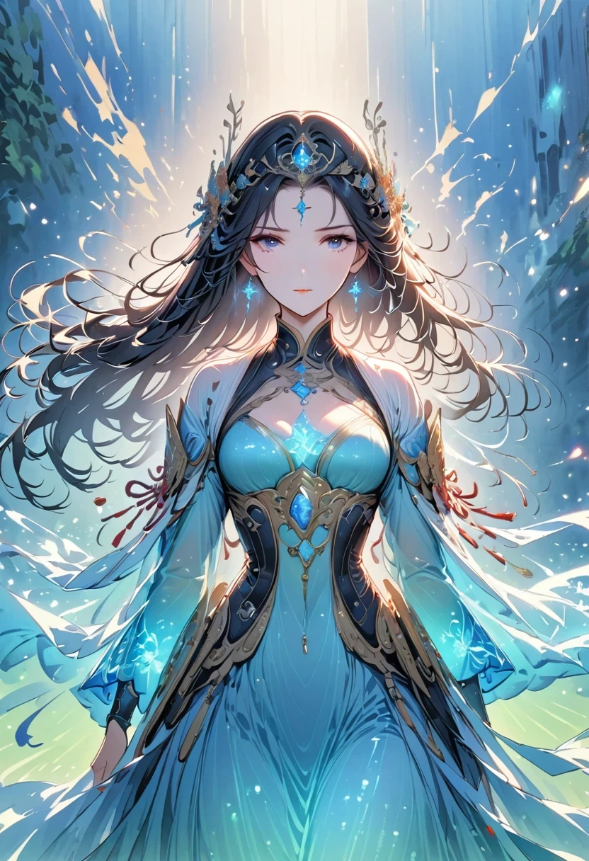High resolution, masterpiece, high quality, HD, imagine a glass woman, Her delicate figure is like a sculpture-like work of art, Crying in the Starry Sky. The blue night enveloped her, Casting a melancholy light on her ethereal figure. Her glass body glows with bright blue hues, Every line and curve is etched with intricate detail. The glass in her eyes reflects the twinkling stars, Reflecting the infinite depth and emotion of the universe. Her sadness is beyond words, But her beautiful figure is still untarnished, Proof of the extraordinary power of emotion. This 4K glass woman is an exquisite picture of light and shadow, color, and feeling, arrive,body glow,glowing line,fluorescence,Luminous example,Tracking example,flash,萤light particles,backlight,translucent,light particles,correct human ???????,