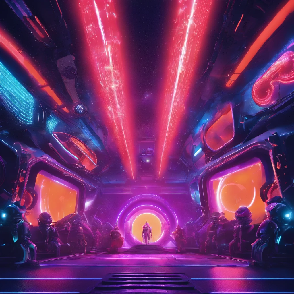 An alien TV show, avec la meilleure qualité, Ultra-detailed, and realistic visuals. The main scene features two aliens with vibrant and unique skin colors., featuring intricate details on their facial features. Les extraterrestres ont de grandes, yeux expressifs et marques faciales distinctes. Ils portent des costumes futuristes, with flashing lights and light patterns. L&#39;émission télévisée se déroule dans une ville extraterrestre animée, avec une architecture imposante, Flying Vehicles, and holographic advertisements. The stage is lit by neon lights, create a colorful and atmospheric ambiance. The color palette is a mix of deep blues, violets, and bright neon shades. The aliens interact with advanced technology and are surrounded by&#39;a bustling crowd of alien creatures.. La composition globale est dynamique et visuellement captivante, avec un sentiment de mystère et d&#39;excitation.