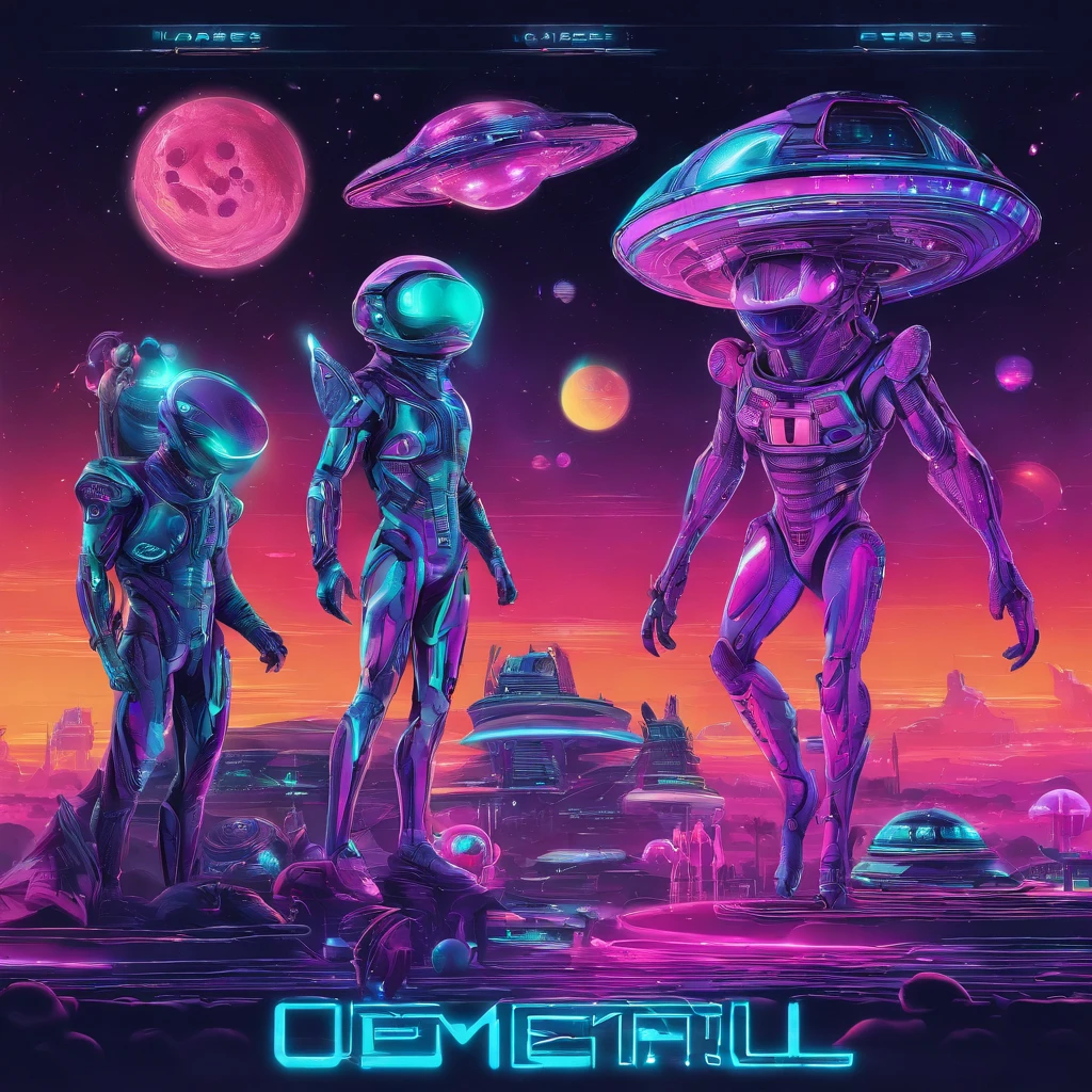 An alien TV show, avec la meilleure qualité, Ultra-detailed, and realistic visuals. The main scene features two aliens with vibrant and unique skin colors., featuring intricate details on their facial features. Les extraterrestres ont de grandes, yeux expressifs et marques faciales distinctes. Ils portent des costumes futuristes, with flashing lights and light patterns. L'émission télévisée se déroule dans une ville extraterrestre animée, avec une architecture imposante, Flying Vehicles, and holographic advertisements. The stage is lit by neon lights, create a colorful and atmospheric ambiance. The color palette is a mix of deep blues, violets, and bright neon shades. The aliens interact with advanced technology and are surrounded by'a bustling crowd of alien creatures.. La composition globale est dynamique et visuellement captivante, avec un sentiment de mystère et d'excitation.