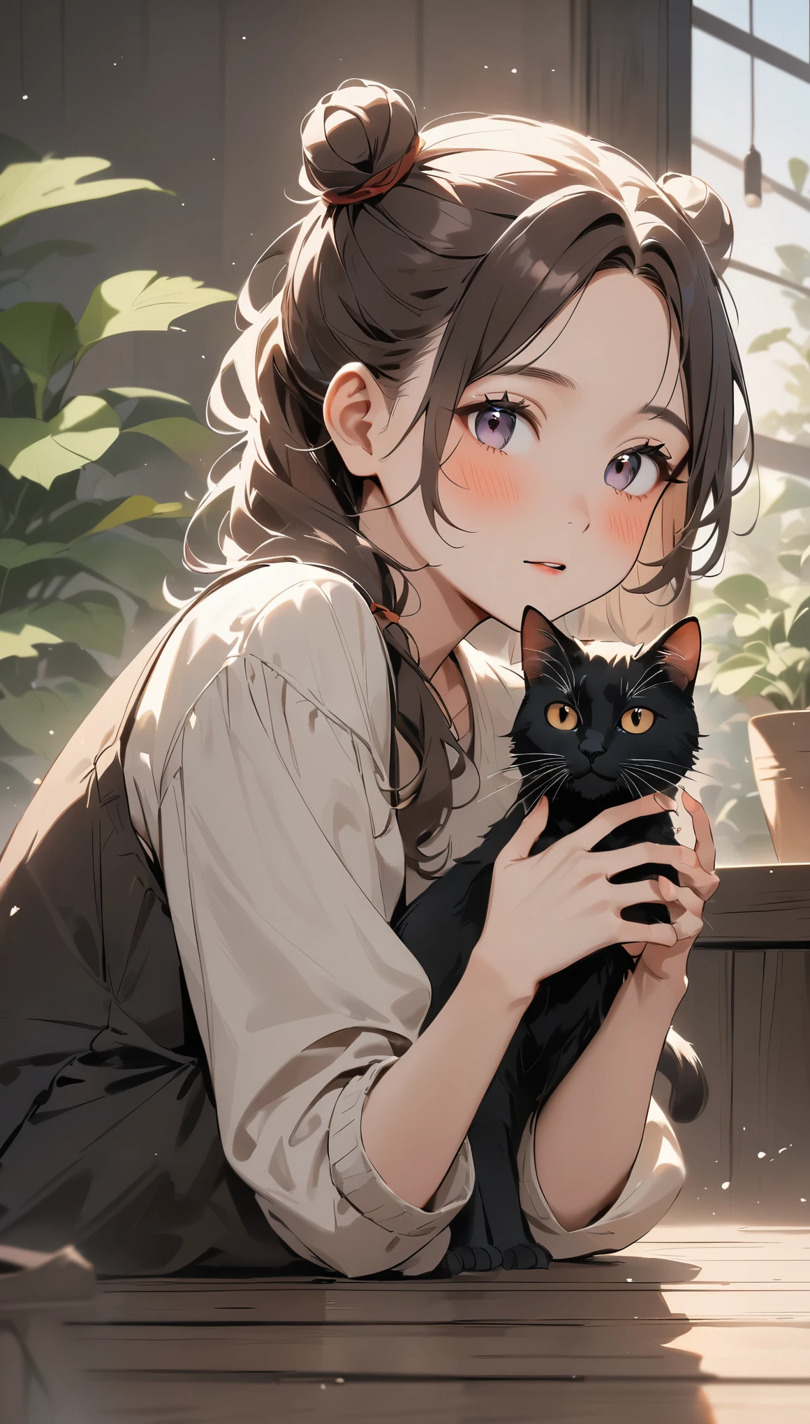 highest quality、Black catを抱く女の子、cute  girl、Bun hair with brown hair tied、Black cat、natural look、long shot、Natural light