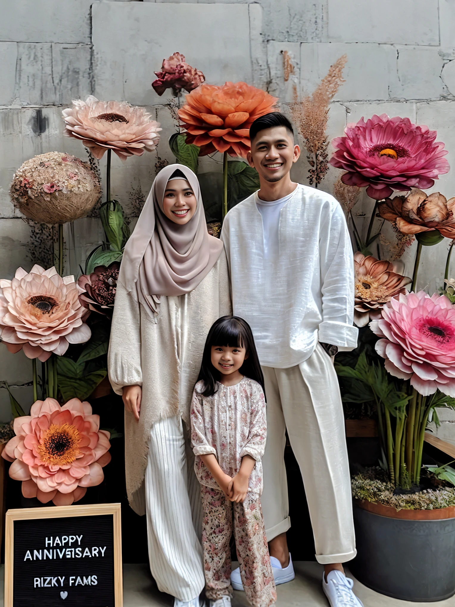 there are two people standing next to a flower display with flowers, an indonesian family portrait, barong family, happy family, inspired by Nazmi Ziya Güran, barong family member, inspired by Fathi Hassan, inspired by Ismail Acar, full body photogenic shot, inspired by Shaddy Safadi, with flowers, family portrait, full protrait