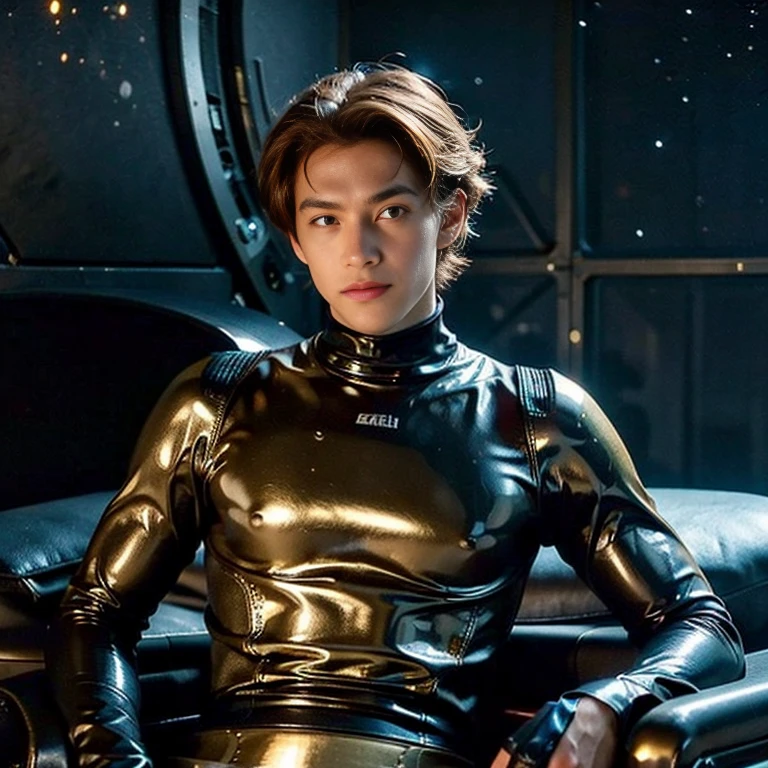 ((young male)), brown hair, yellow eyes, cat ears, cat tail, sexy latex bodysuit, light armor, [skinny:muscular:0.7], science fiction, sci-fi, cosmic background , grins , bare chest , bigboobs , puffy nipples