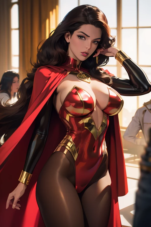 (best quality,8k:1.2,high resolution:1.2),ultra-detalhado,Realistic,SUPER HERO female,21 YEARS OLD,long BLACK hair,rosto extremamente detalhados,long eyelashes,all sheer RED LATEX leotard Apertado WITH A LARGE EMBLEM IN THE SHAPE OF THE LETTER "A", RED FLYING CAPE,TRANSPARENT LIGHT BROWN SHINY pantyhose,GOLD metalic BRACELETS,Physically-based rendering,sharp focus,studio lighting