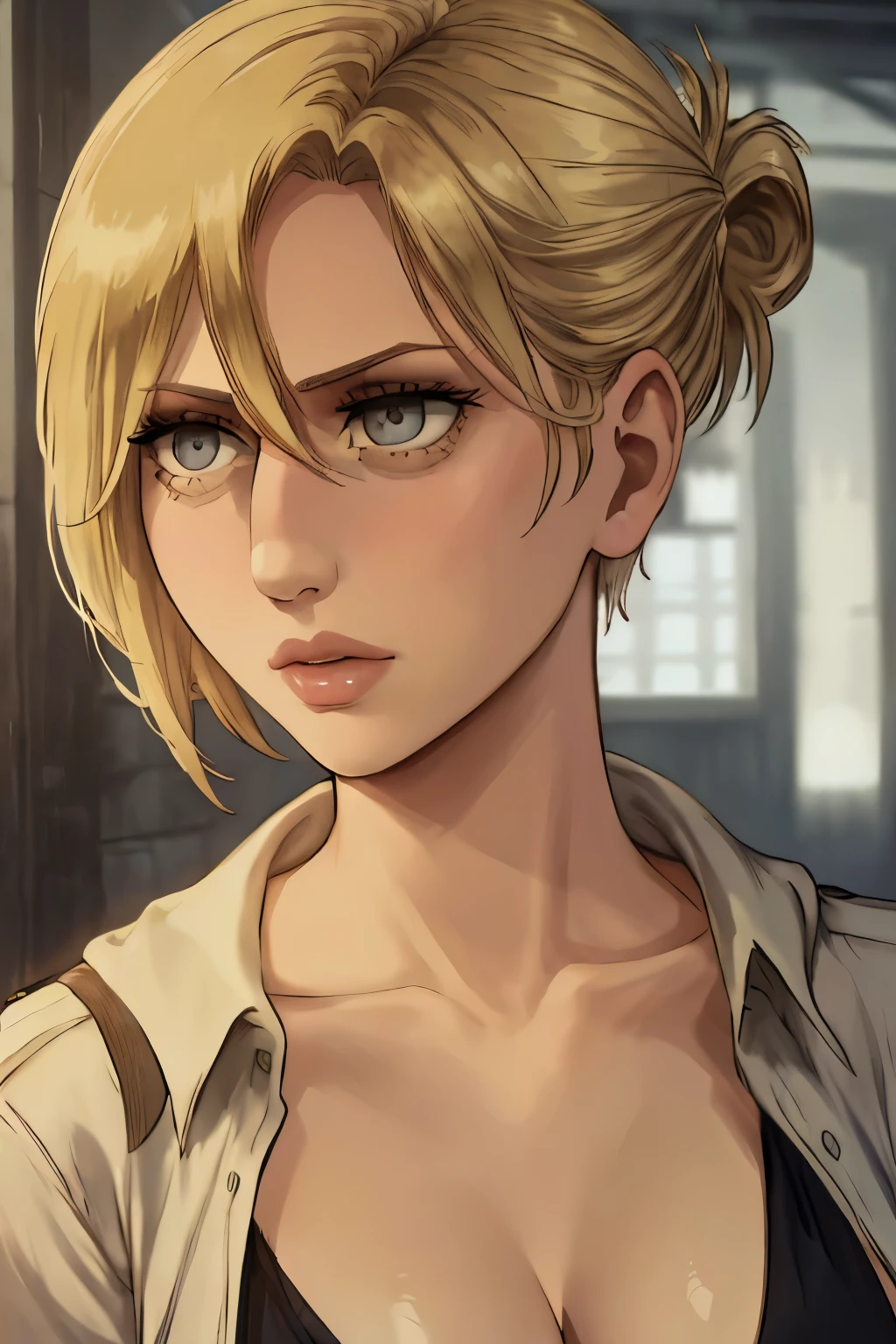 1girl, annie leonhart, (black hair:1.3), hair between eyes, short hair, sideburns, gray eyes, lips, cleavage, big breasts, close up, solo, lips, masterpiece, best quality, blonde hair