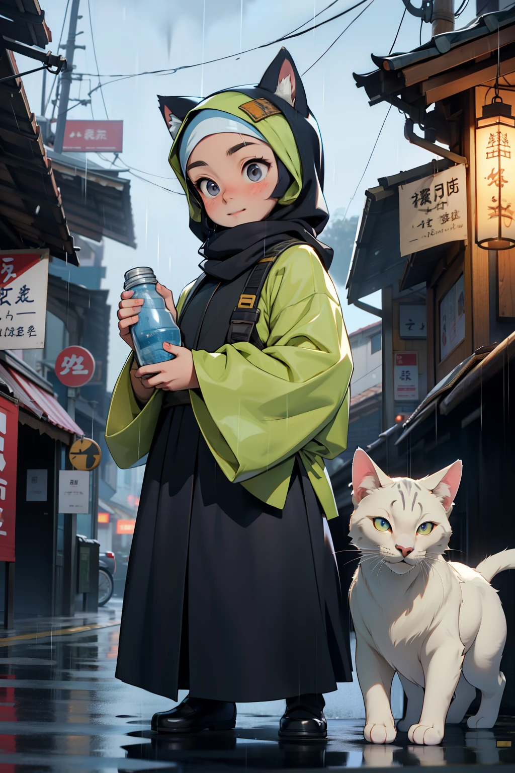 Hinata, holding a mineral water bottle with a gentle ducking motion, dons a trendy Muslim outfit and a cat-eared jilbab, appearing serene and cozy under the pouring rain in the heart of a beautiful cityscape during the late evening hours.

This exquisitely detailed anime-style masterpiece, rendered using Unreal Engine and showcased in 7k resolution, presents Hinata from a frontal camera angle, revealing her intricately designed Muslim garments, the exquisite patterns on her jilbab, and the distinct cat-shaped ears peeking out from underneath it. Despite the drizzle, her skin remains flawlessly shiny, and her