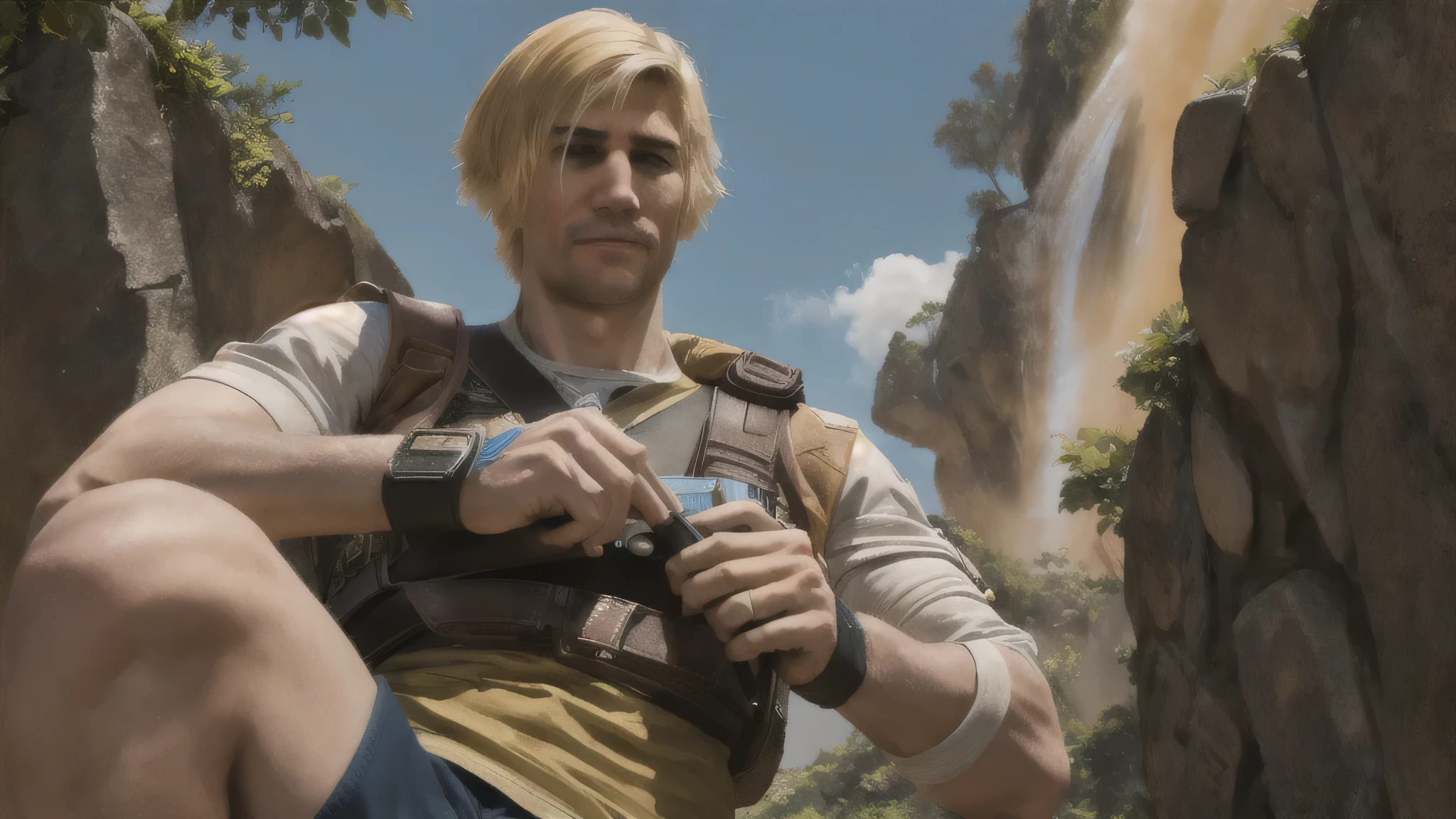 full body photo of xQc man , blonde hair, wearing Nathan drake cosplay, fighting, extremely detailed, intricate detail, fine detail, careful detail, up close portrait, masterpiece, best quality, ultra-detailed, photorealistic