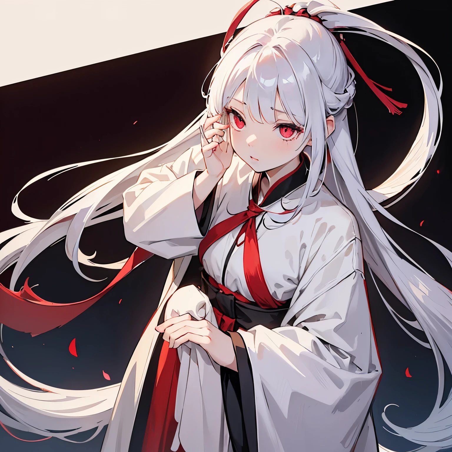 She is an albino girl with red eyes and her hair is tied in a single knot that flows forward and her bangs are long enough to cover her eyes.