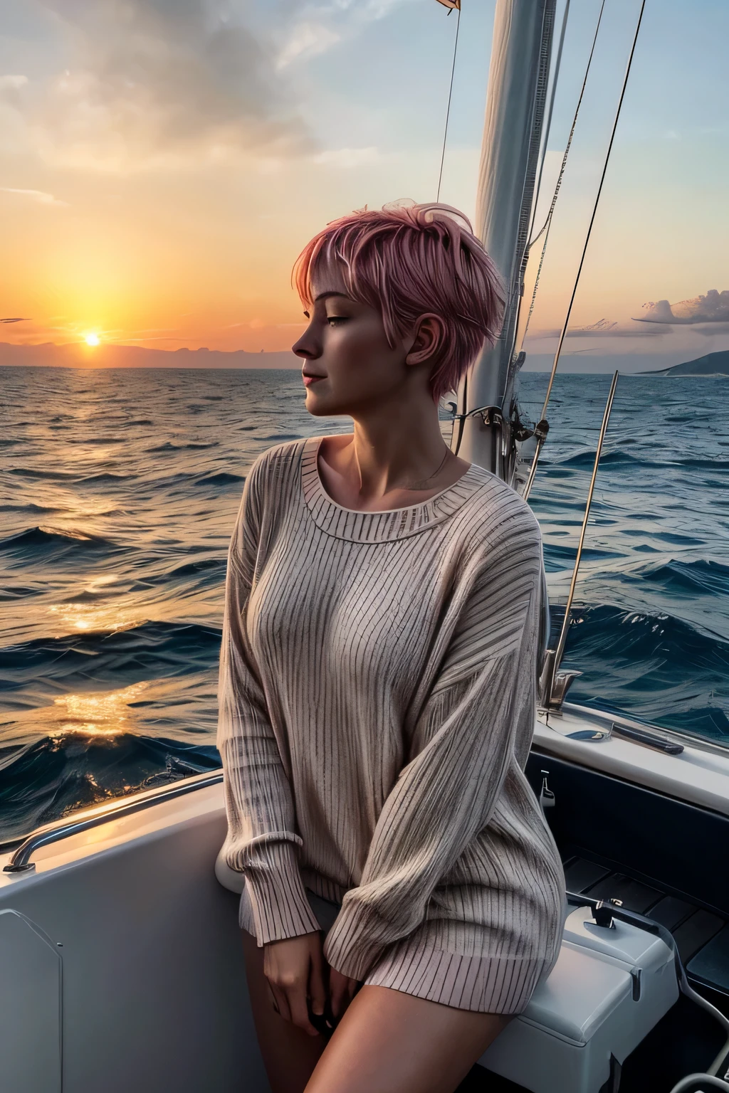 Envision a tranquil scene where a woman with (short pink hair) is sailing at sunset. She's at the helm, her (nautical white and navy-striped sweater) fluttering in the sea breeze against the backdrop of a tangerine sky. The camera captures her profile in a medium shot, the golden sun reflecting off the water’s surface. The warm, ambient lighting bathes her in a soft glow, highlighting her calm, focused demeanor. This image reflects the freedom of the sea and the peaceful end to a day of sailing