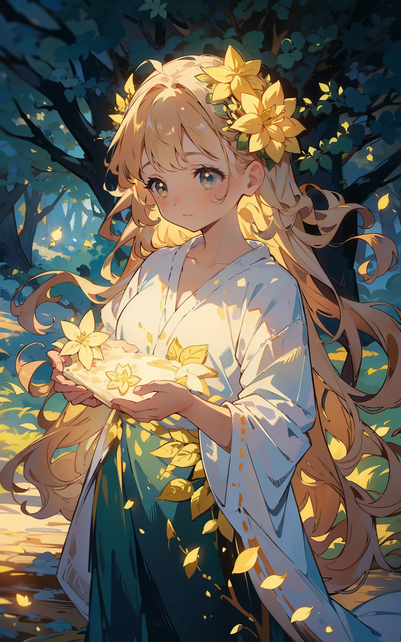 The goddess of the Secret Forest: In a mysterious forest,A goddess girl wears a gorgeous robe,Wearing a flower crown on his head,The eyes reveal wisdom and mystery。She stands in the middle of the forest,It is surrounded by green trees and a mysterious atmosphere,The whole scene is full of magic and magic。