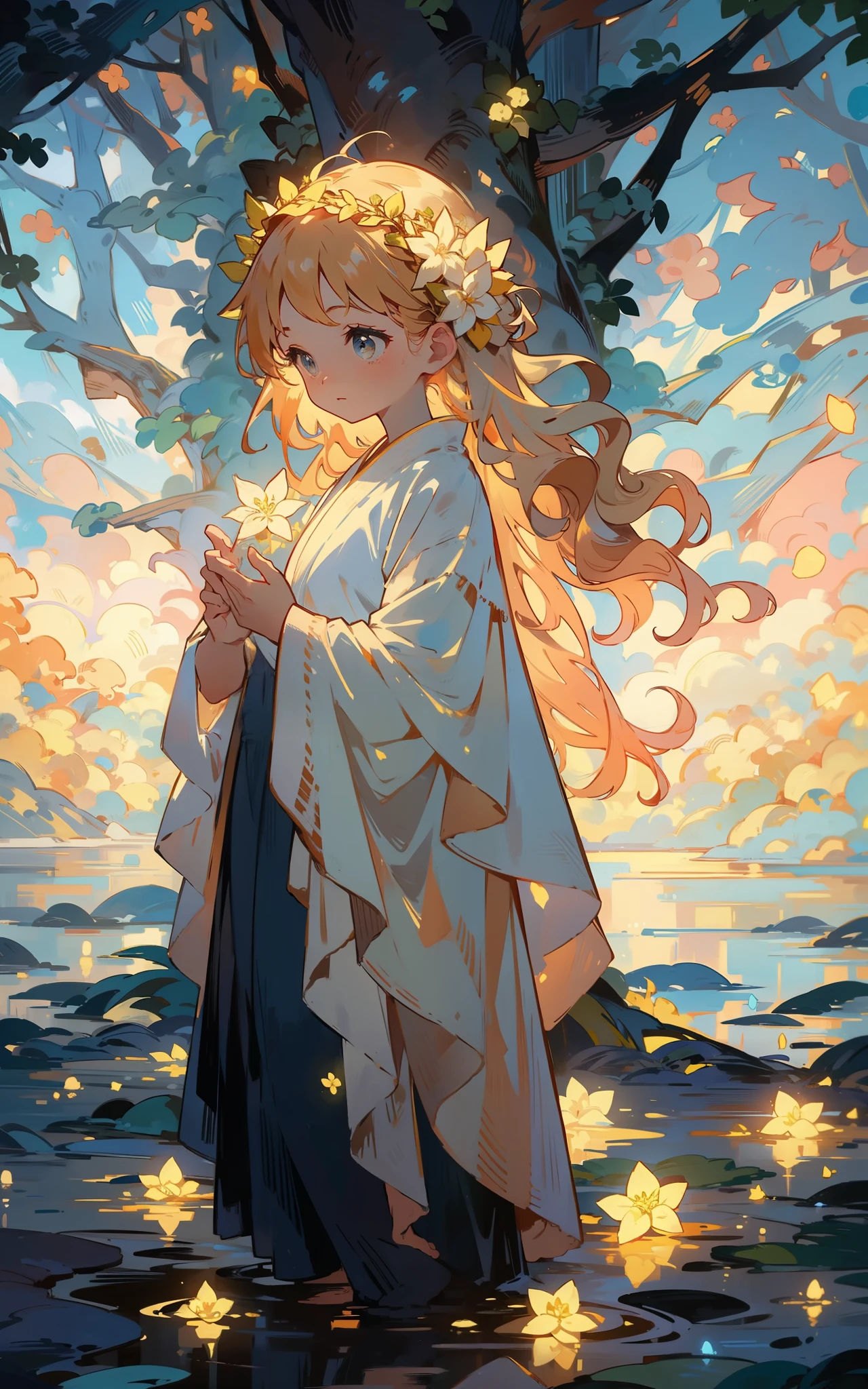 The goddess of the Secret Forest: In a mysterious forest,A goddess girl wears a gorgeous robe,Wearing a flower crown on his head,The eyes reveal wisdom and mystery。She stands in the middle of the forest,It is surrounded by green trees and a mysterious atmosphere,The whole scene is full of magic and magic。