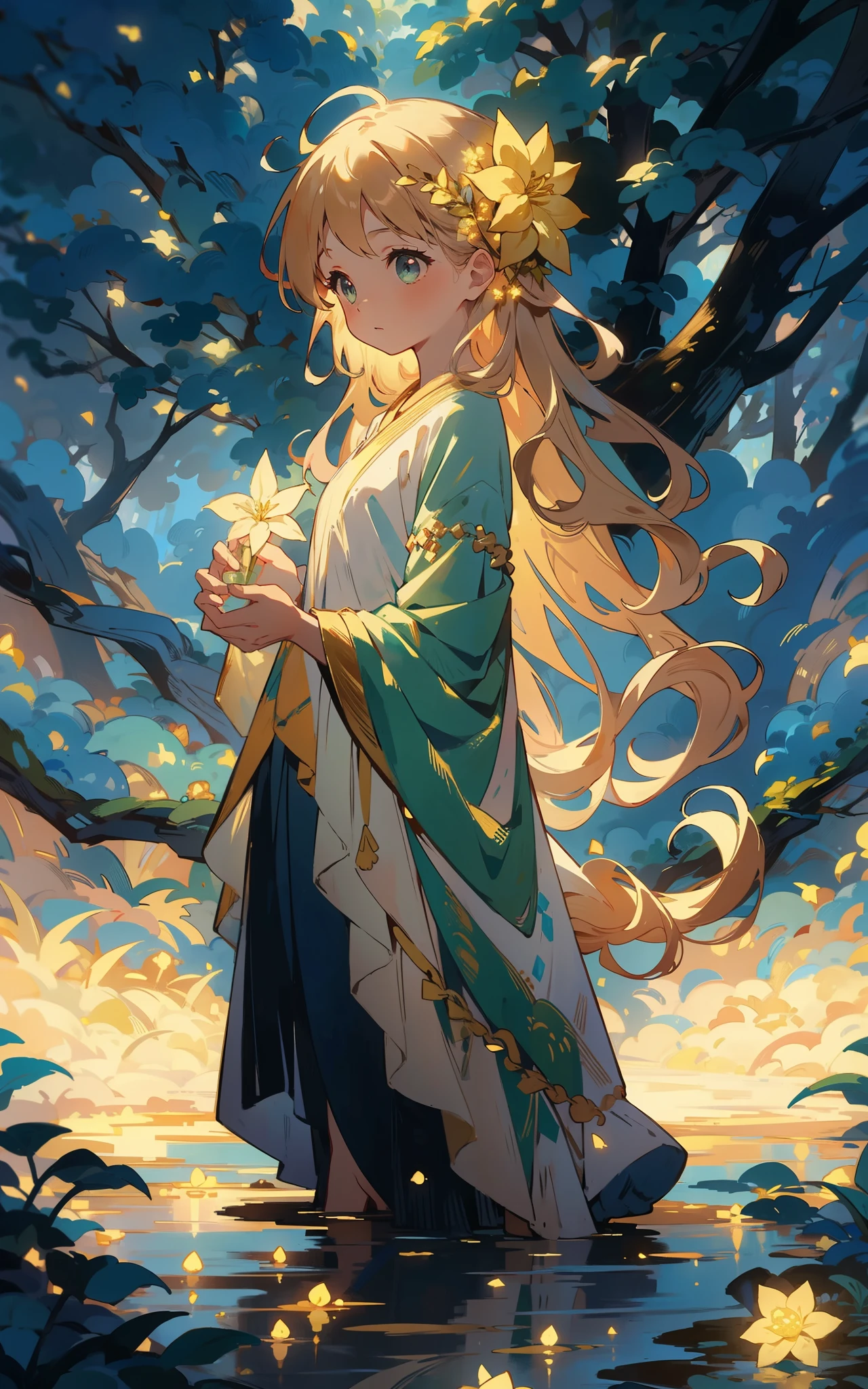 The goddess of the Secret Forest: In a mysterious forest,A goddess girl wears a gorgeous robe,Wearing a flower crown on his head,The eyes reveal wisdom and mystery。She stands in the middle of the forest,It is surrounded by green trees and a mysterious atmosphere,The whole scene is full of magic and magic。