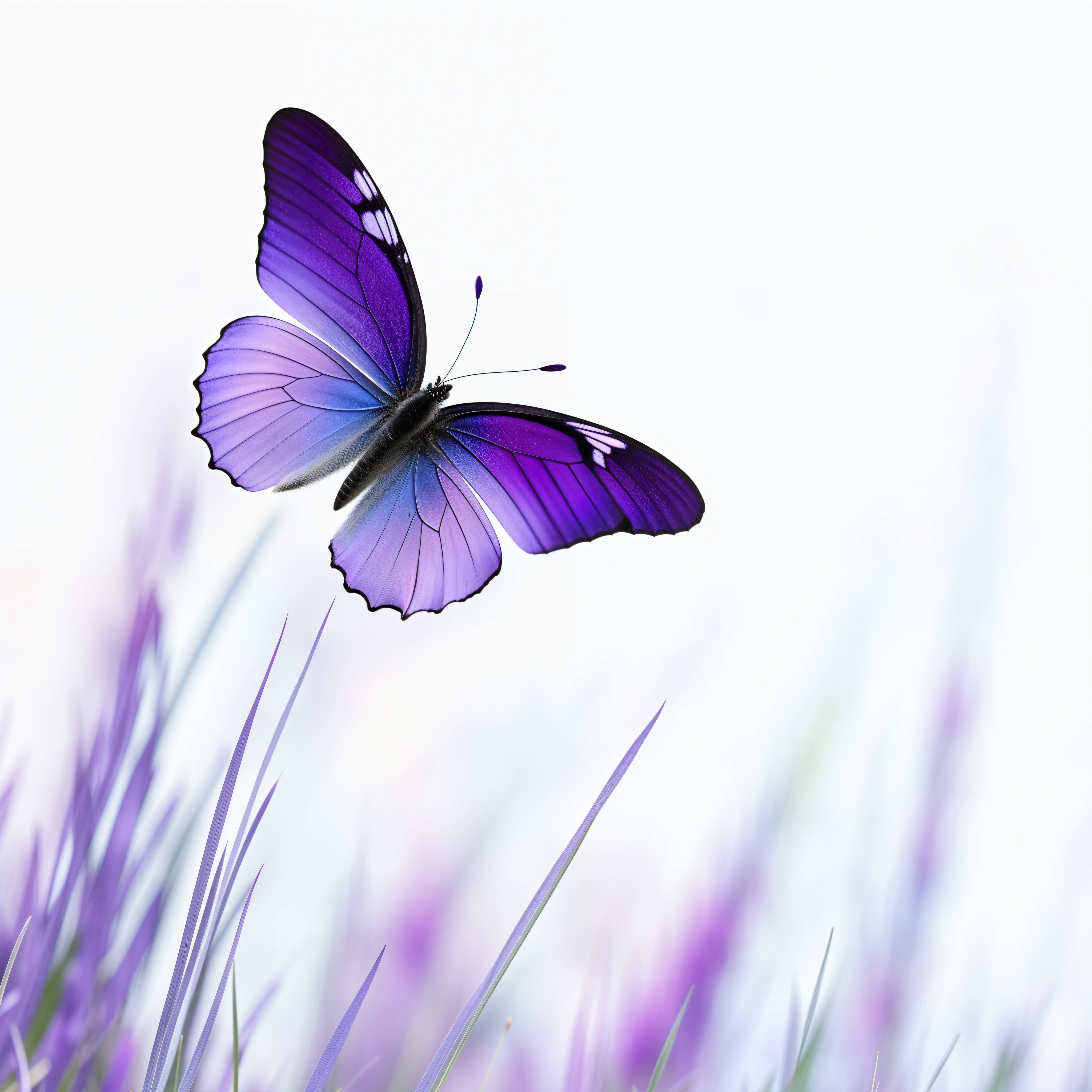 purple mariposa flying over a grassy area with a white sky in the background, mariposa, hermosa foto, harmony of mariposa, hermoso fondo, morado y azul colored, morado y azul, Hermosa naturaleza, blanco y morado, con hermosas alas, Azul y morado, soft purple glitter, por Shen Che-Tsai, Purple colors, Purple color, mariposas, mariposas flying, hermoso fondo de pantalla