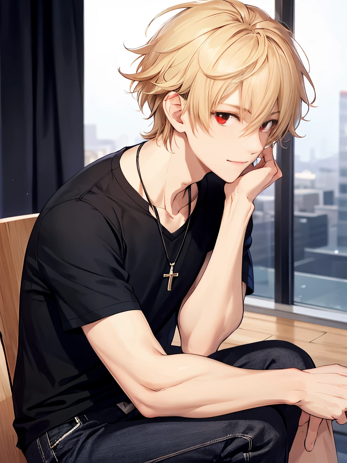 1 boy,solo,20 years old,guy,Sit facing right, sight smile,looking away,close up photo,cross necklace,handsome,messy hair,Perfect face, short hair, blonde hair,black t-shirt, Plain t-shirt,black t-shirt,short sleeve t-shirt,black trousers, Long pants,red eyes,bright red eyes, vampire