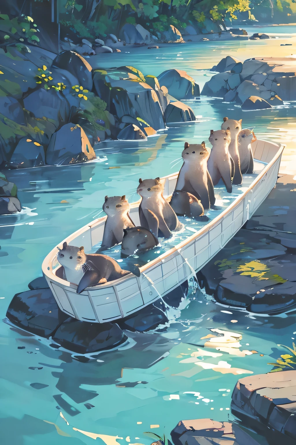 A detailed illustration of a family of otters playfully swimming in a crystal-clear river at dusk.
